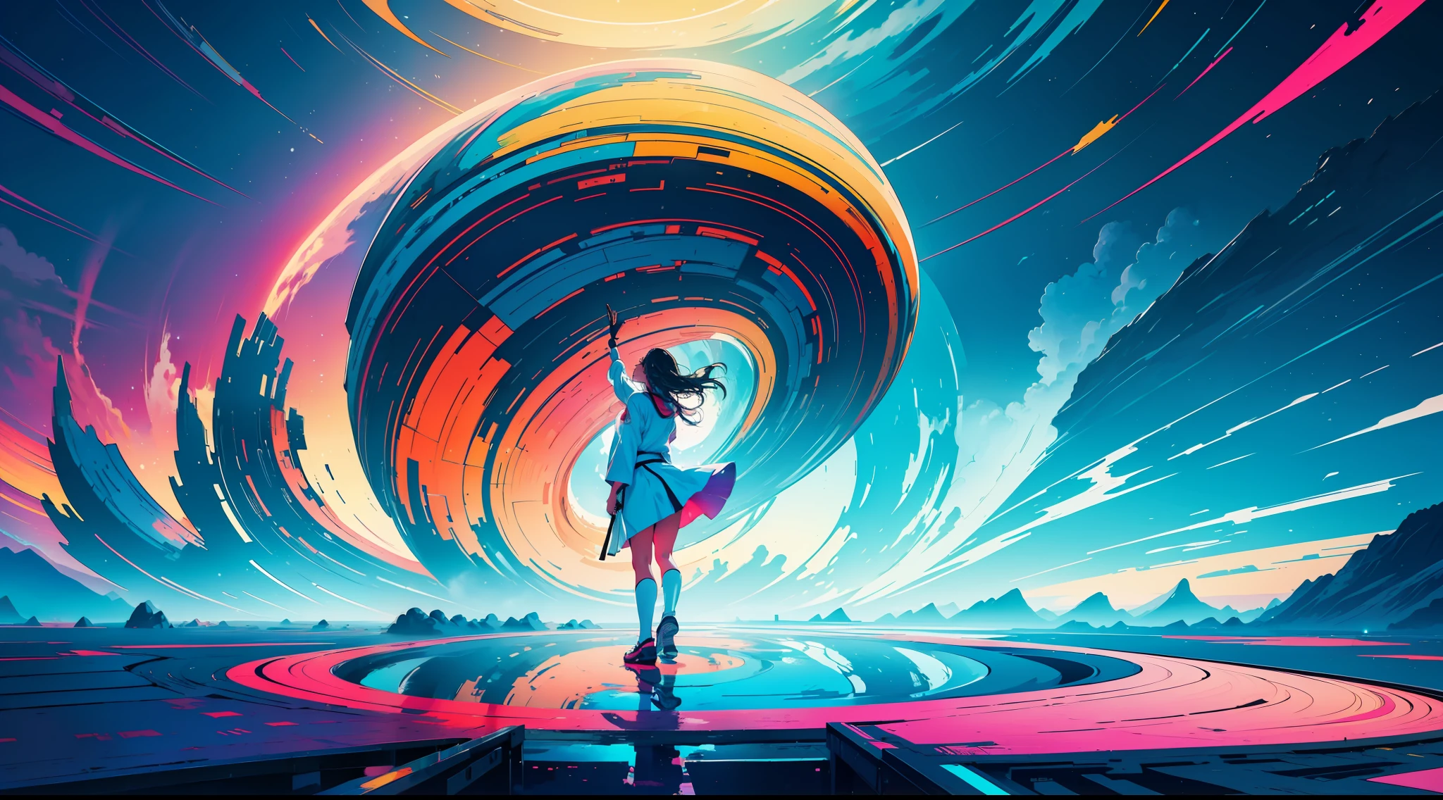 ((abstract and surreal place with vibrant colors that gives the feeling of joy, motivation, satisfaction and knowledge)), clear place, full body shot, 1girl with short ancestral clothes