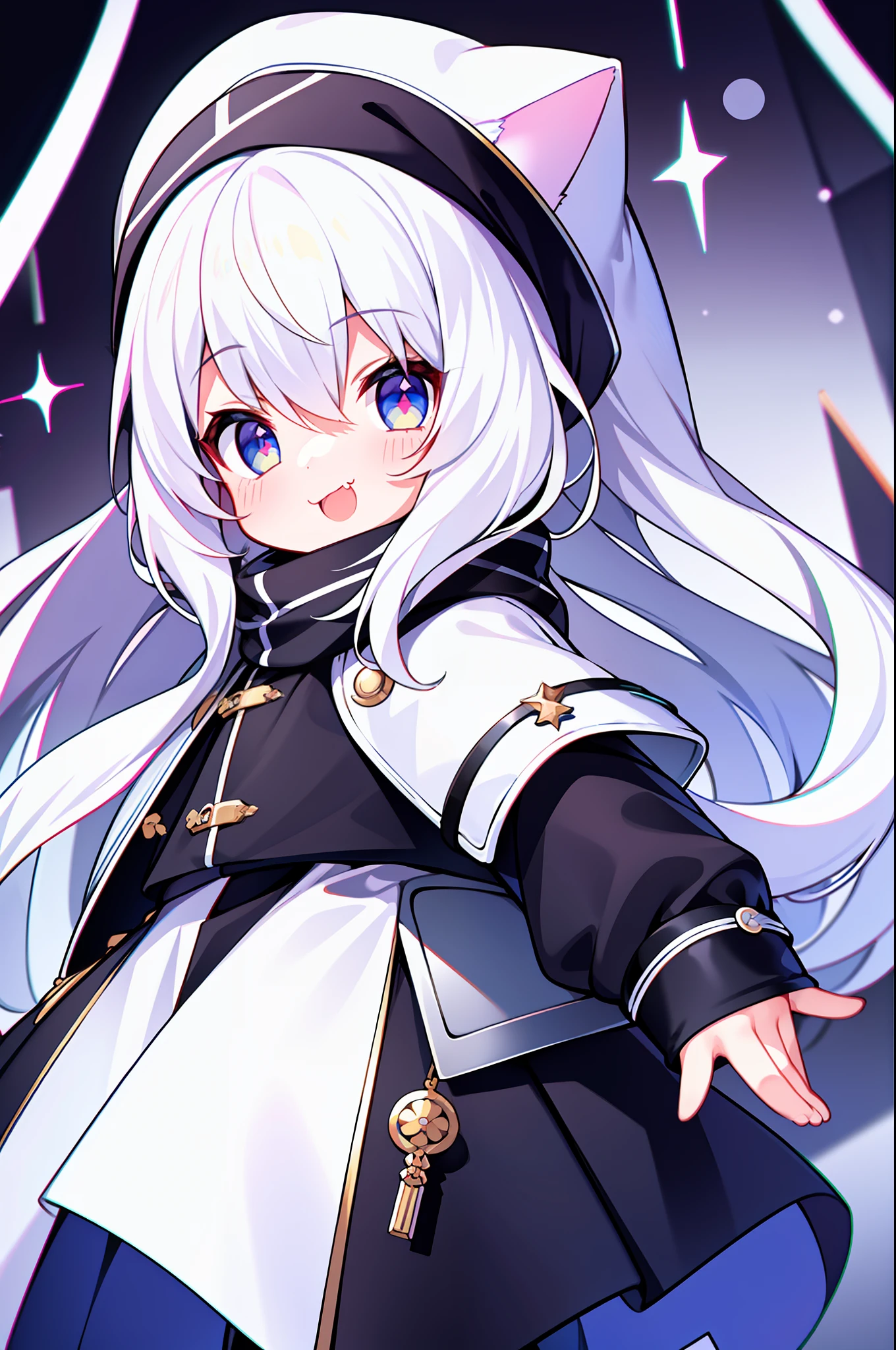 Masterpiece, Excellent, 1girl, white hair, medium long hair, cat ears, looking at the audience, :3, cute, scarf, jacket, white background, fang, high quality, UHD