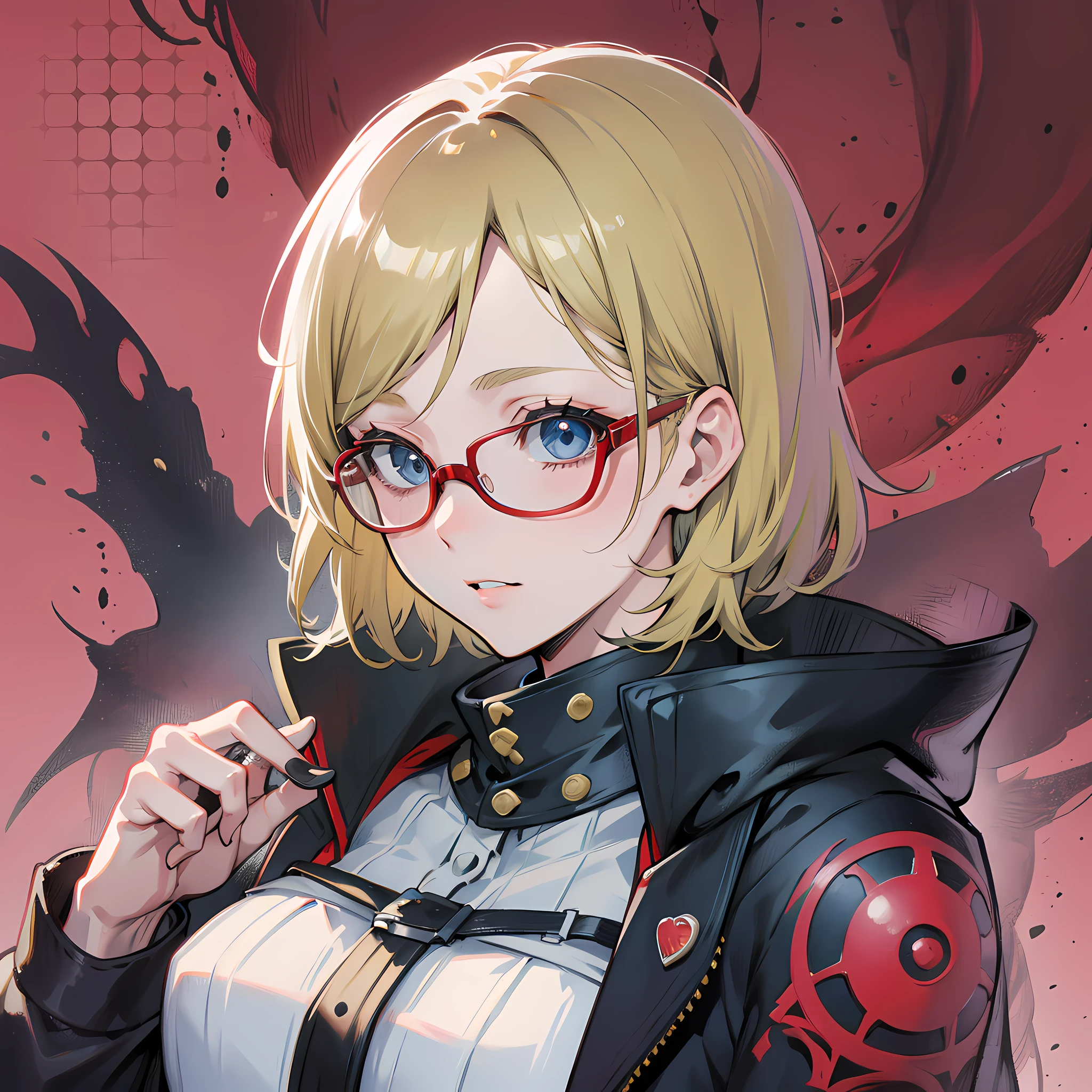 blonde haired girl, short hair, blue eyes, red glasses, black jacket, Persona 5 style, kentaro miura art style, hair covering left eye,