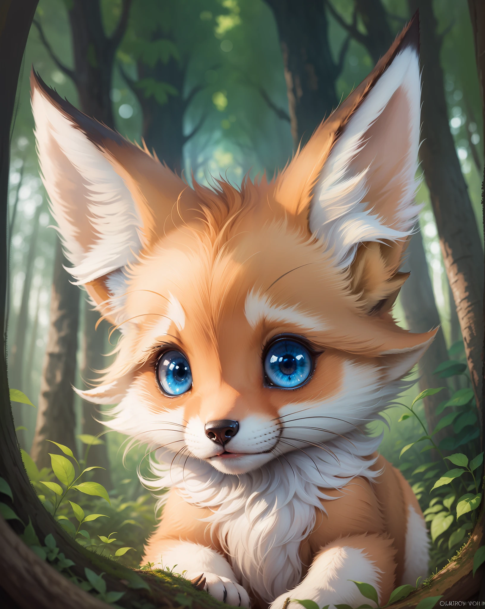 Cute fox cute cub adorable Disney style, with blue eyes, intricate details, in a forest --auto --s2