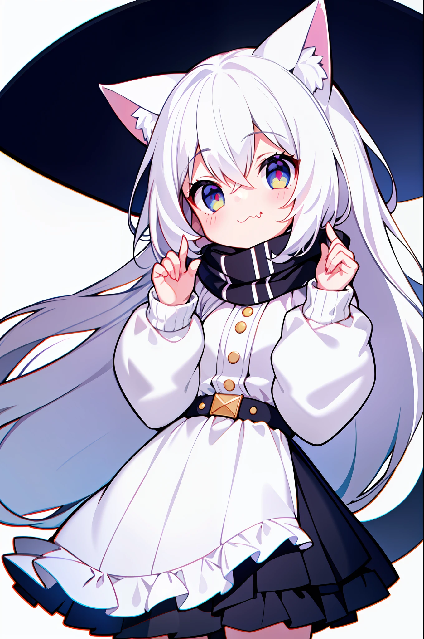 Masterpiece, Excellent, 1girl, white hair, medium long hair, cat ears, looking at the audience, :3, cute, scarf, jacket, white background, fang, high quality, UHD