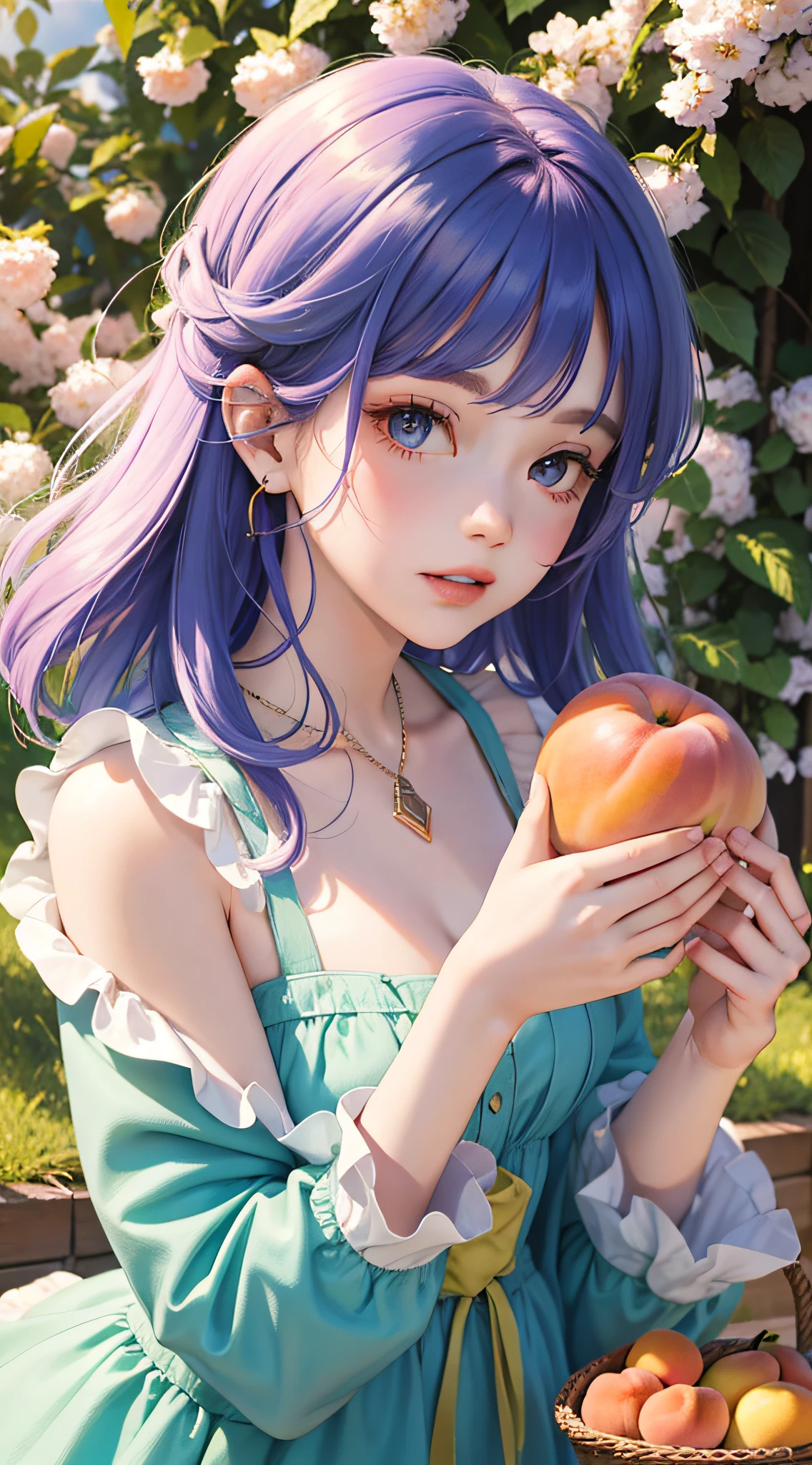 Masterpiece, superlative, spring dress, colored hair, outdoors, magazine cover, upper body, fruit peach in hand