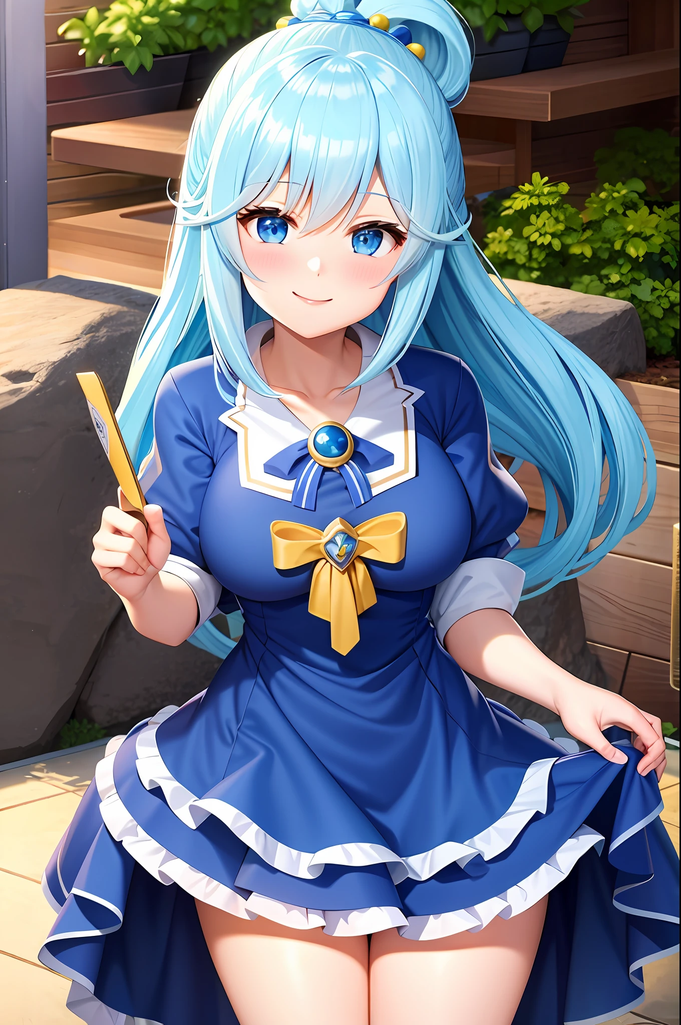 ultra-detailed, masterpiece, high quality, love letter, point of view, smile, blush, aquia, konosuba, blue eyes, long blue hair, adult woman