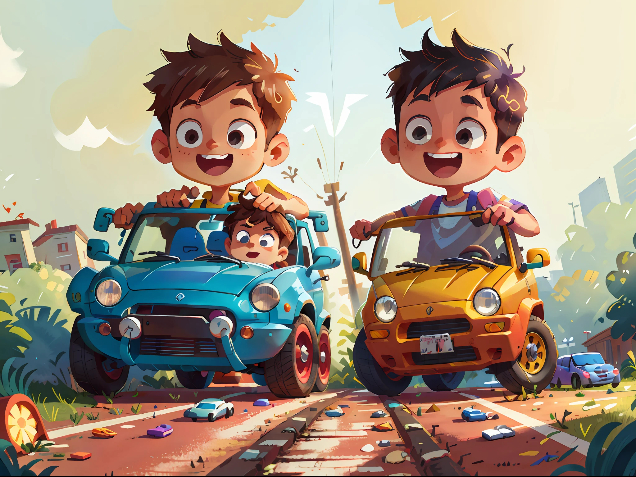 (SFW), two boys playing with cars, holding car toys in their hands, fine facial features, summer, happy, background is the road, signal lights, perfect quality, clear focus, colorful, perfect face, intricate details, ultra-low viewing angle, wide angle lens