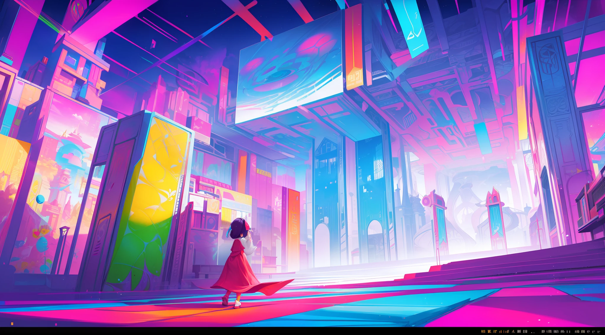 ((abstract and surreal place with vibrant colors that gives the feeling of joy, motivation, satisfaction and knowledge)), clear place, full body shot, 1girl with short ancestral clothes
