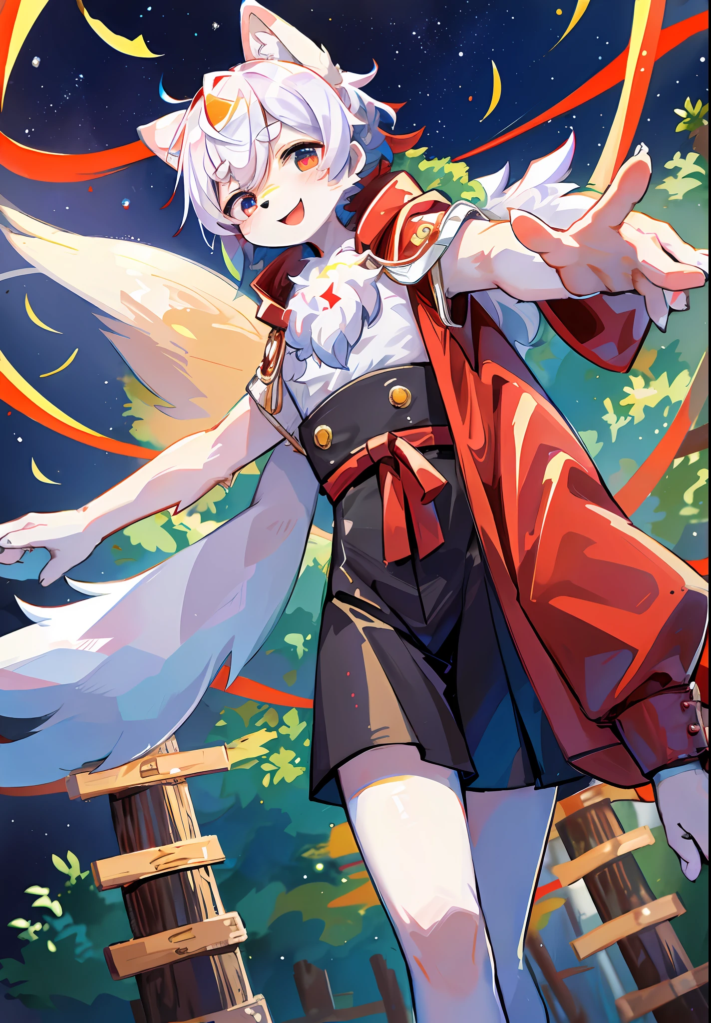 (masterpiece:1.3), (2D:1.0), (anime:1.0), (illustration:1.0), (sharp:1.2), (hard light:1.0), (shadow:1.0),(reflection, refraction:0.8), (light, dappled light, glare, lens flare, Tyndall effect: 1.0), (sharp, shiny: 1.0), (Best Quality: 1.2), (Ultra Fine: 1.0), (Extremely Complex: 1.0), (Blurred foreground, Cinematic Light, Ray Tracing: 1.1), (bright_colors, dark_intense_shadows: 1.1), (Impasto, Colorful: 1.2), (warm_light_from_below, glow_white_ particles:1.1),(Ensemble_Stars! _\(style\):0.95). wolf_boy,anthro,uploaded_on_e621,solo,upper_body,cowbow_shot,male_focus,furry_kemono,furry_male,cub,young_male,bishounen,_yeld,kaw,cute,fancy,fragile,cool, handsome. detailed_fluffy_fur,tuft,(white_fur,body_fur,oil_skin,skin_with_fluffy_fur:1.3),animal_nose,animal_ear_fluff,fluffy_paws,pawpads,animal_hand,fluffy_big_tail。 Black clothes printed with a maple leaf pattern. (White hooded cape, red and black hoodie: 1.5), short male hair, white hair, purple eyes, closed eyes, bangs, red dull hair, designed according to the character of Genshin Manyo, open mouth, smile, light blush, goggles, raised hand, holding a red katana, red metal leg ring on the thigh of the right leg is short, bottomless, (knife drawn: 1.2), looking at the left front. (night, starry_sky, crescent_moon, star_\(sky\), gem, plant, star_\(symbol), sparkle), outdoor, landscape