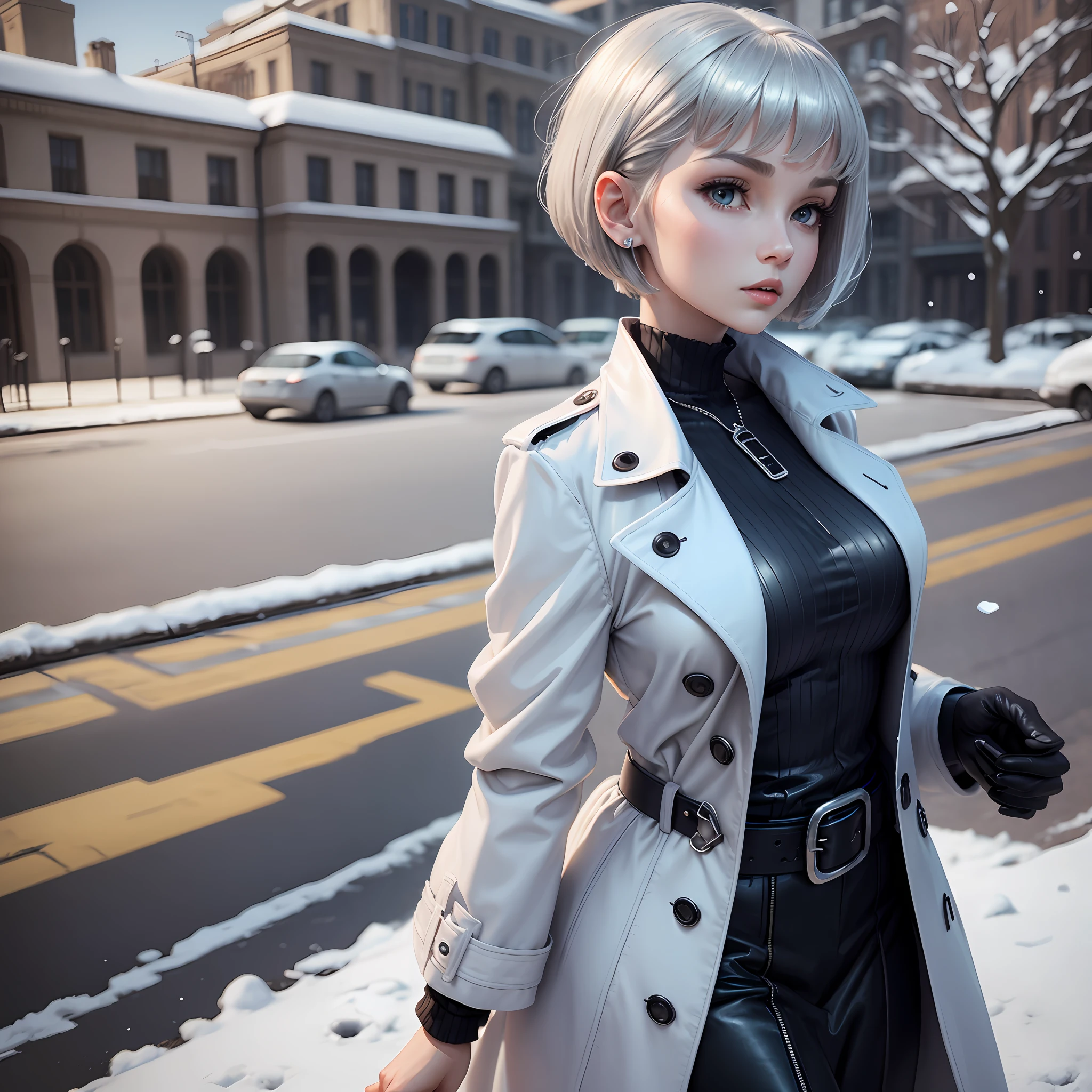 Top Quality, 3D, Solo, Perfect Beautiful Girl, Detective, Silver Bobcut, Snow-White Skin, Slender, Big, Big Hips, Trench Coat, Blue Sky --auto --s2