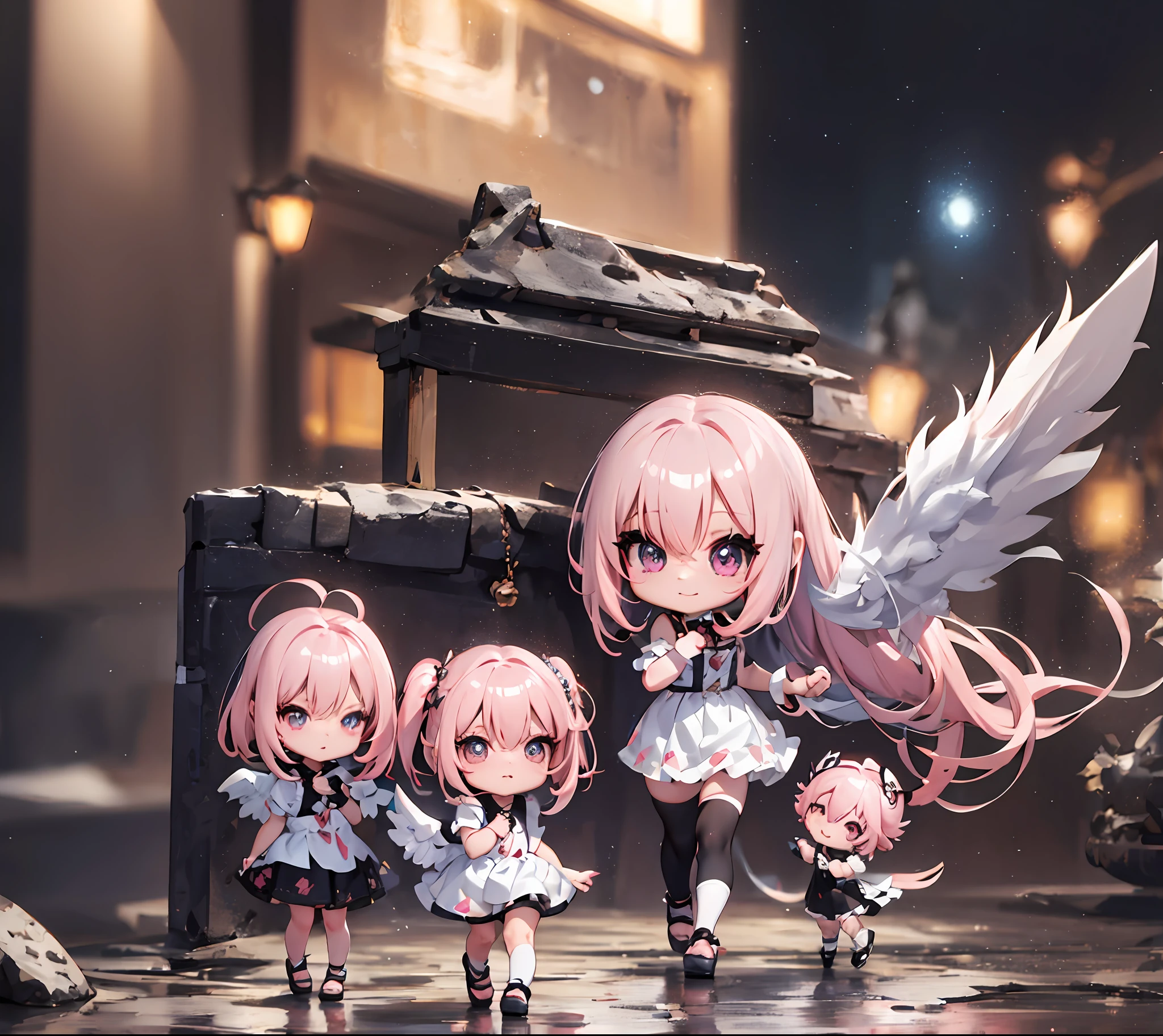 1 anime angel doll, (Chibi: 1.2), 8K high quality detail art, white feathers on the back, pink hair, gradient, twinkle, style as Nendoroid, stylized anime, anime style 4K, cute detailed digital art, Guweiz style artwork, 8K octar rendering photos, advanced digital chibi art, Cute 3d render, anime style, light, glow