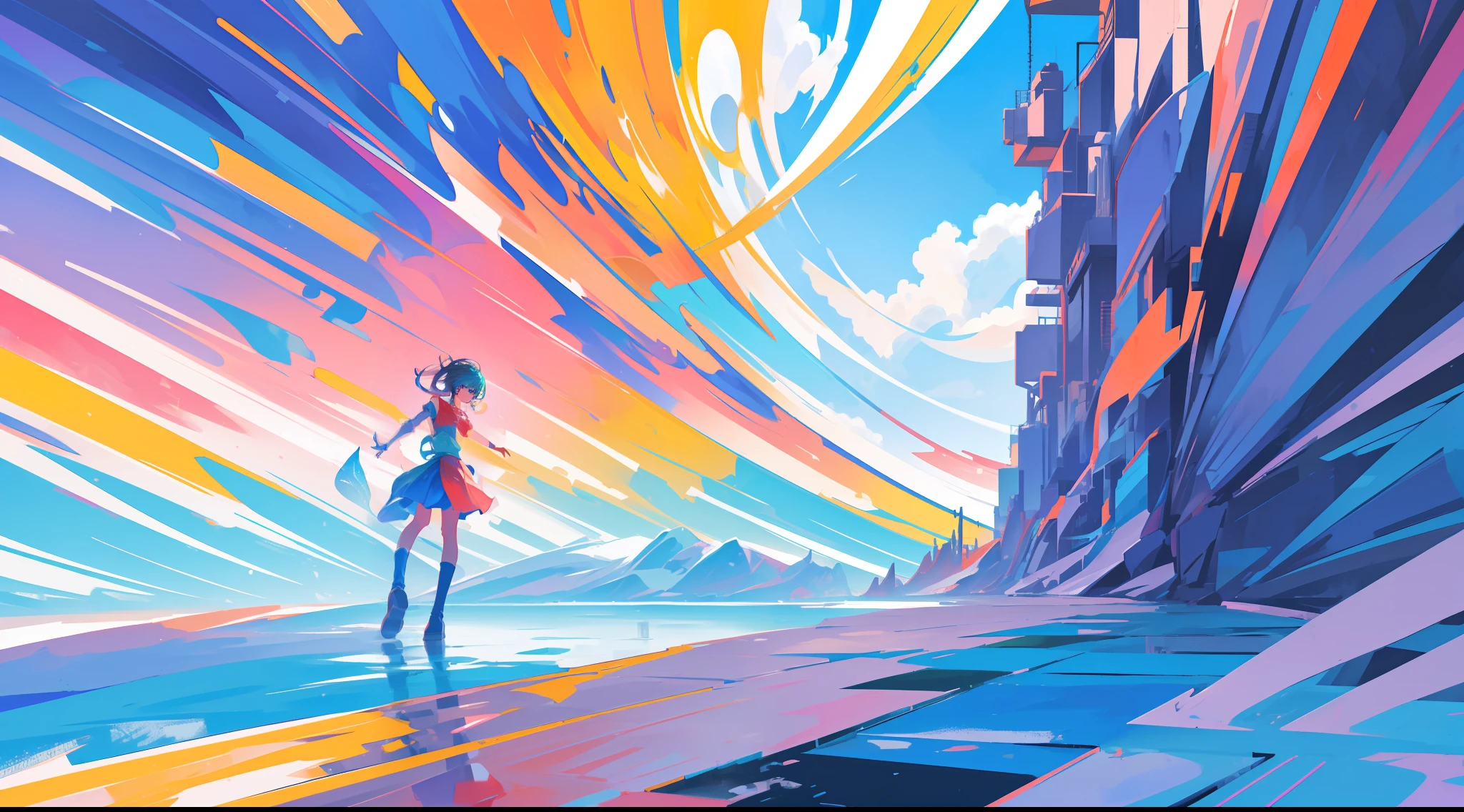 ((abstract and surreal place with vibrant colors that gives the feeling of joy, motivation, satisfaction and knowledge)), clear place, full body shot, 1girl with short ancestral clothes