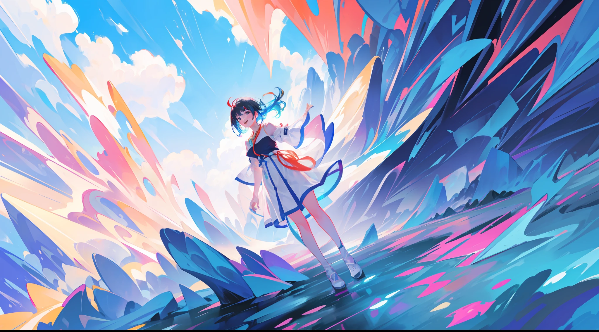 ((abstract and surreal place with vibrant colors that gives the feeling of joy, motivation, satisfaction and knowledge)), clear place, full body shot, 1girl with short ancestral clothes
