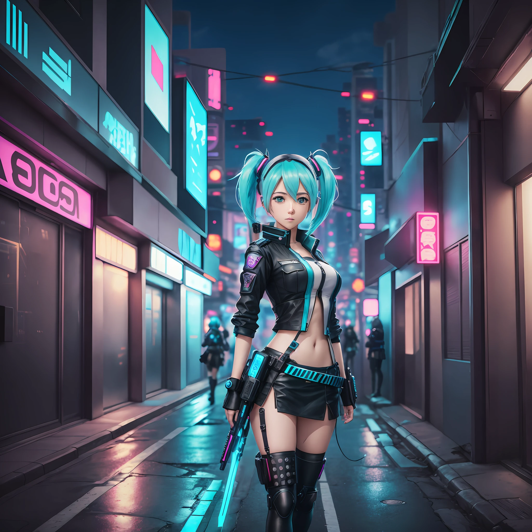 woman in police uniform walking down a street, Hatsune Miku cosplay, female cyberpunk anime girl, cyberpunk anime, cyberpunk anime girl, anime cosplay, cyberpunk girl, anime girl in real life, cyberpunk streets in, cyberpunk style, cyberpunk outfit, has cyberpunk style, oppai cyberpunk, full cosplay --auto --s2