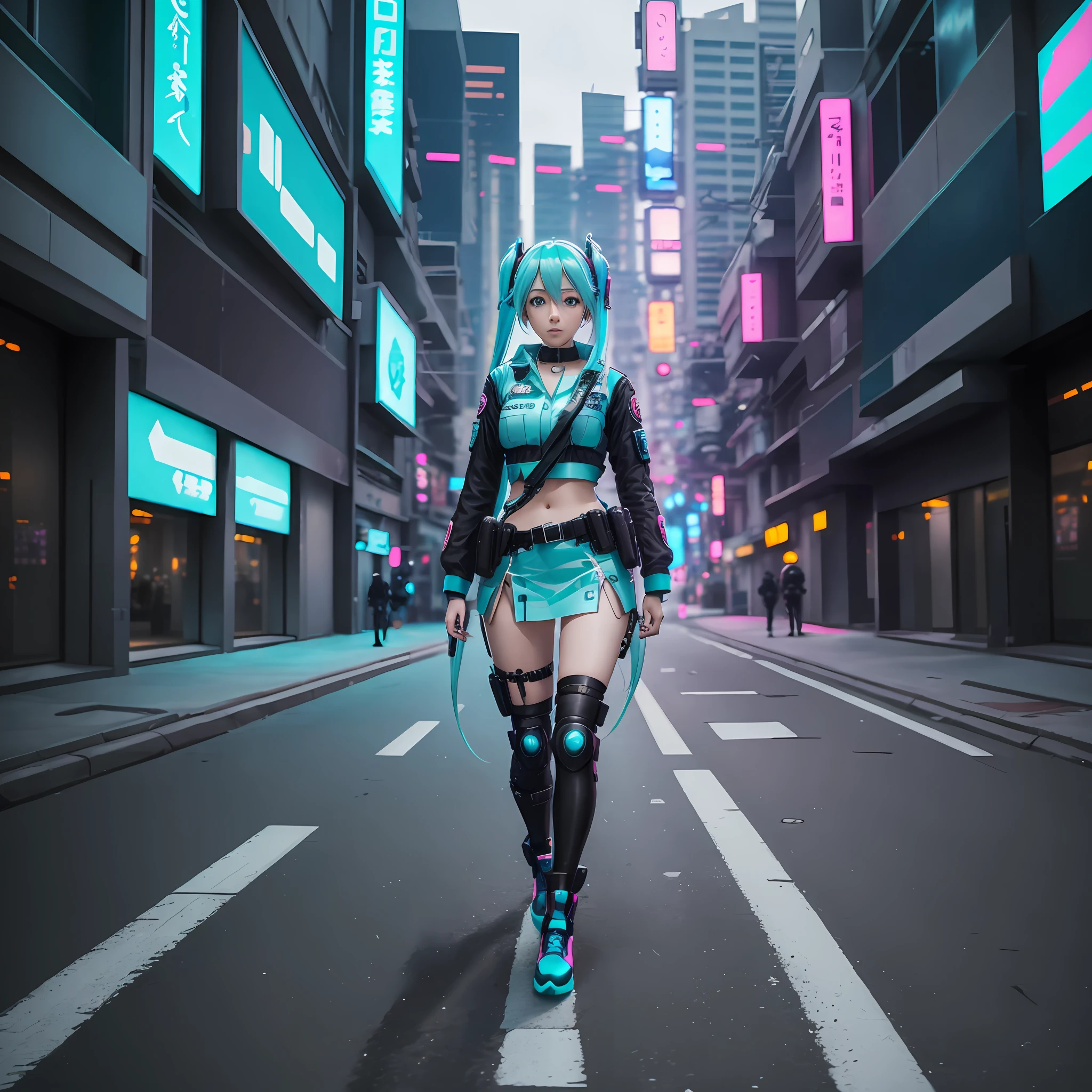 woman in police uniform walking down a street, Hatsune Miku cosplay, female cyberpunk anime girl, cyberpunk anime, cyberpunk anime girl, anime cosplay, cyberpunk girl, anime girl in real life, cyberpunk streets in, cyberpunk style, cyberpunk outfit, has cyberpunk style, oppai cyberpunk, full cosplay --auto --s2