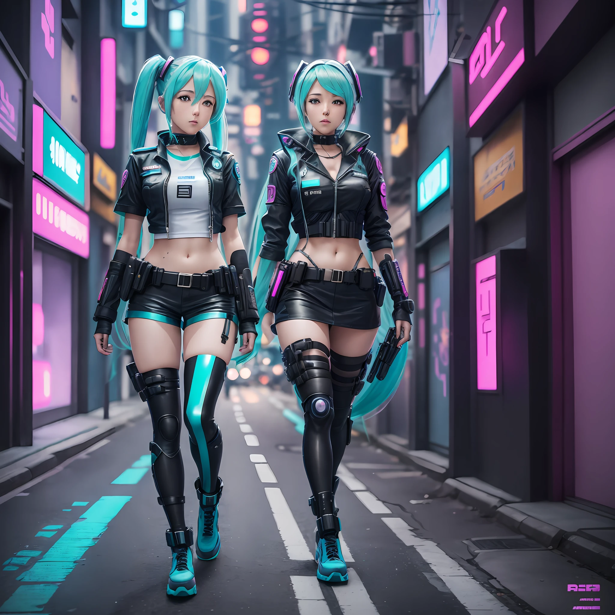 woman in police uniform walking down a street, Hatsune Miku cosplay, female cyberpunk anime girl, cyberpunk anime, cyberpunk anime girl, anime cosplay, cyberpunk girl, anime girl in real life, cyberpunk streets in, cyberpunk style, cyberpunk outfit, has cyberpunk style, oppai cyberpunk, full cosplay --auto --s2