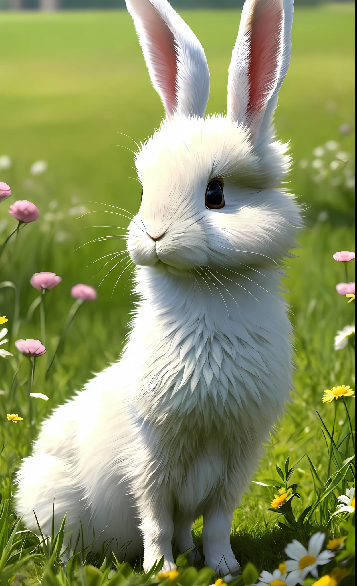 ((masterpiece, best quality)), soil, animal ears, fluffy rabbit, rabbit ears, looking at the viewer, grass, outdoors, whole body, animal, sunlight, dappled sunlight, daytime, depth of field --v6