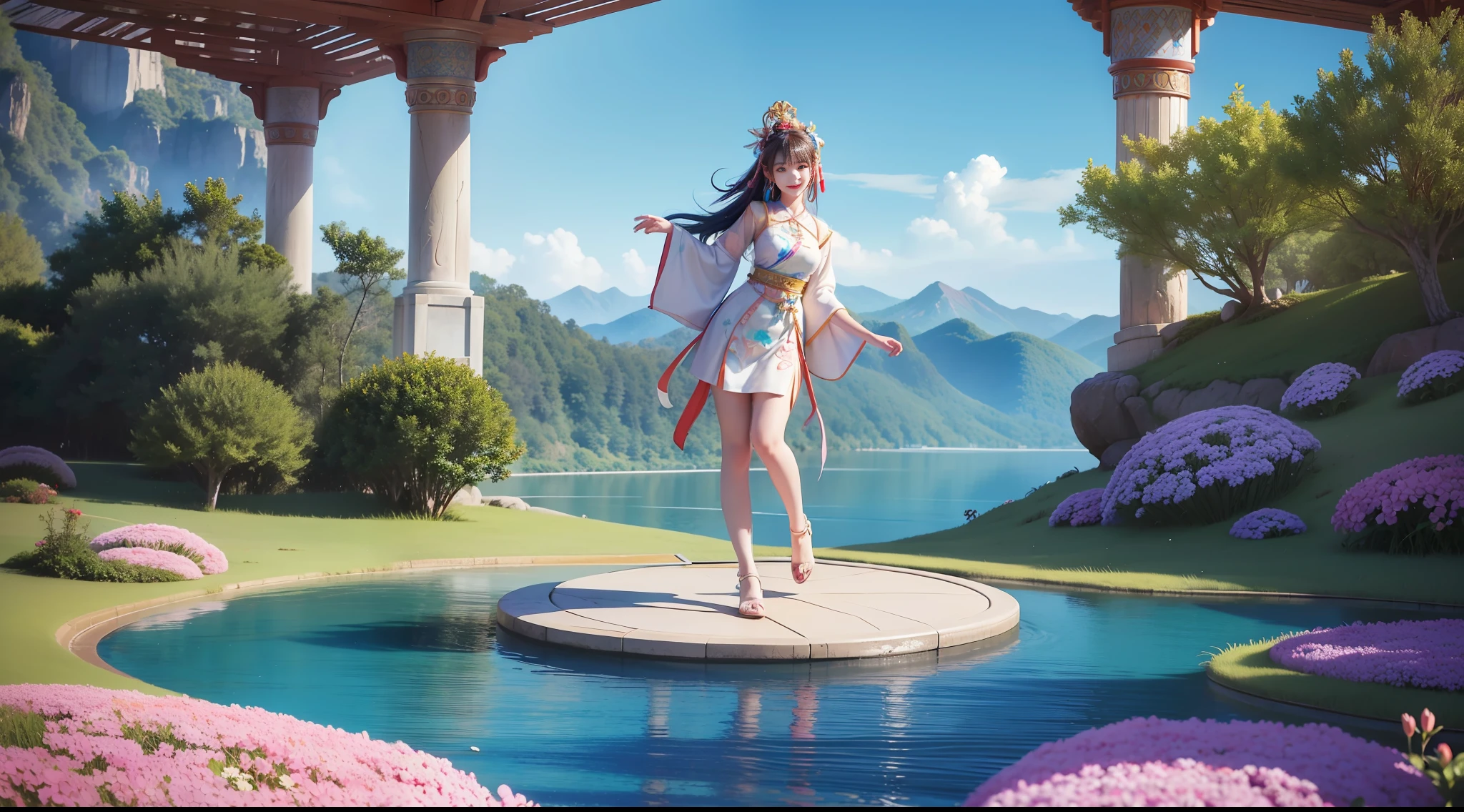 ((abstract and surreal place with vibrant colors that gives the feeling of joy, motivation, satisfaction and knowledge)), clear place, full body shot, 1girl with short ancestral clothes