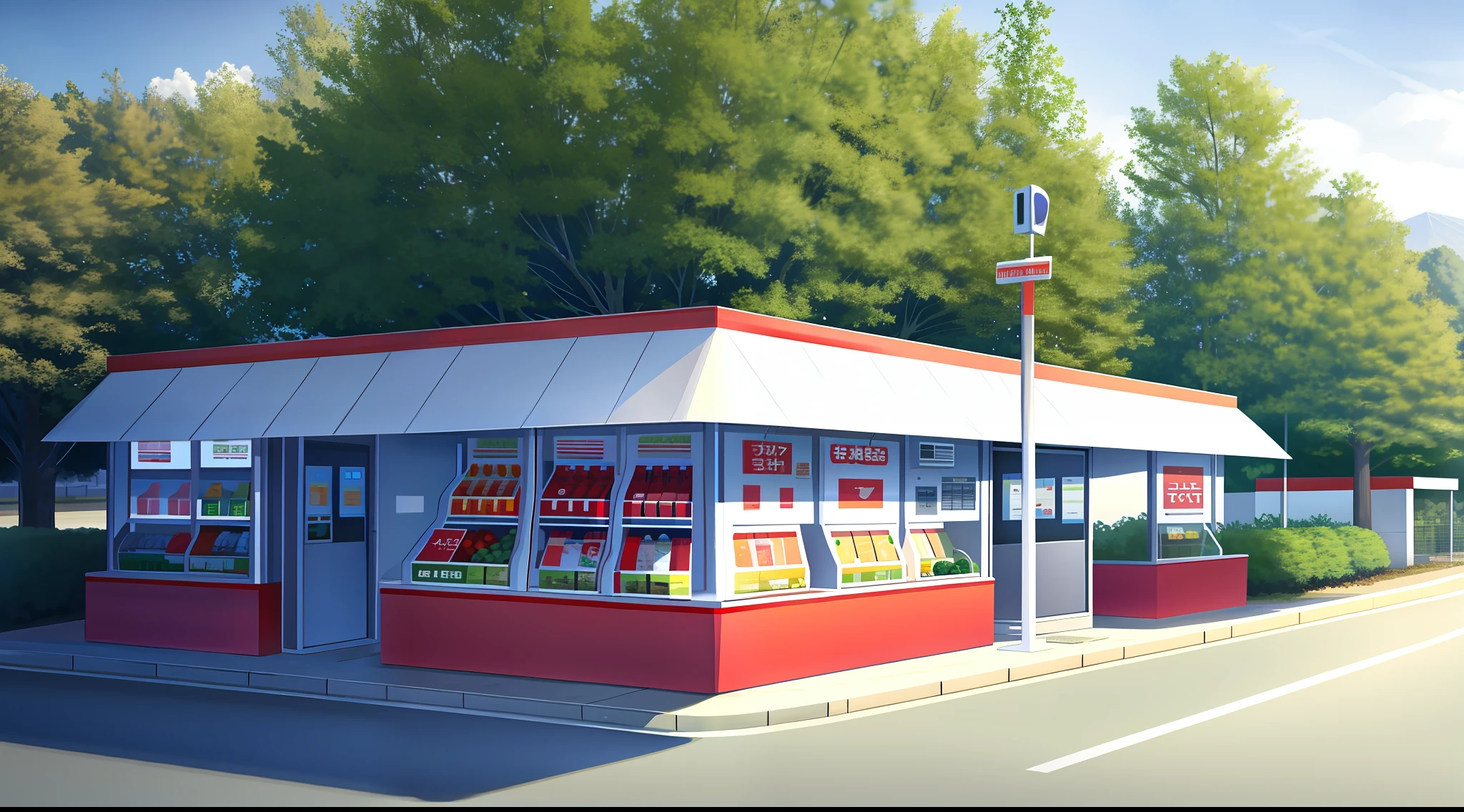 white background, landscape, tomato, convenience store, water, trees