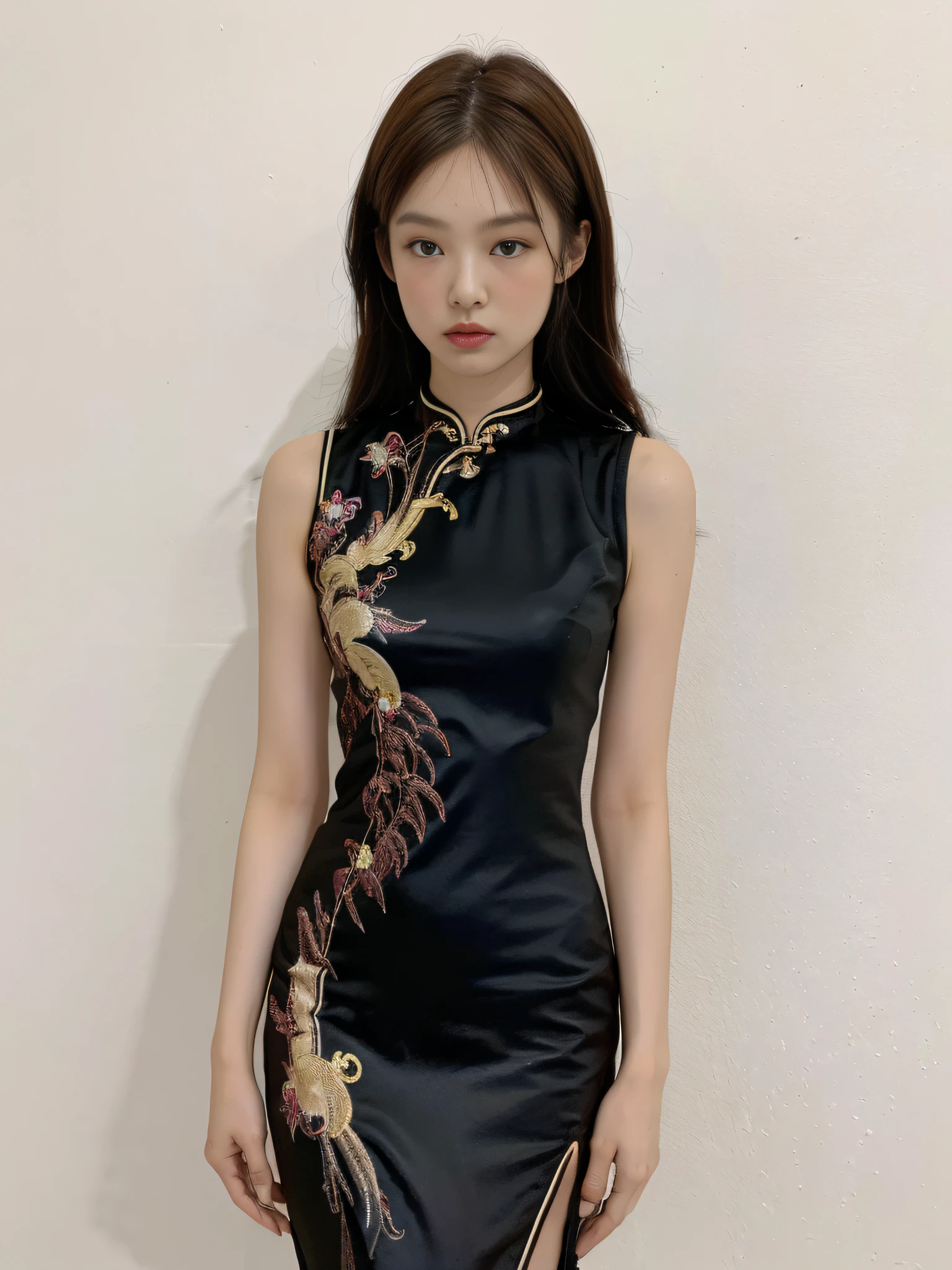 ((Night view, realistic light, best quality, 8k, masterpiece: 1.3)), 1girl, beautiful woman with slender figure, brown hair, wearing black cheongsam, embroidered phoenix pattern, sleeveless, sexy, split end, long legs, standing, white wall, super detailed face, detailed eyes, double eyelids