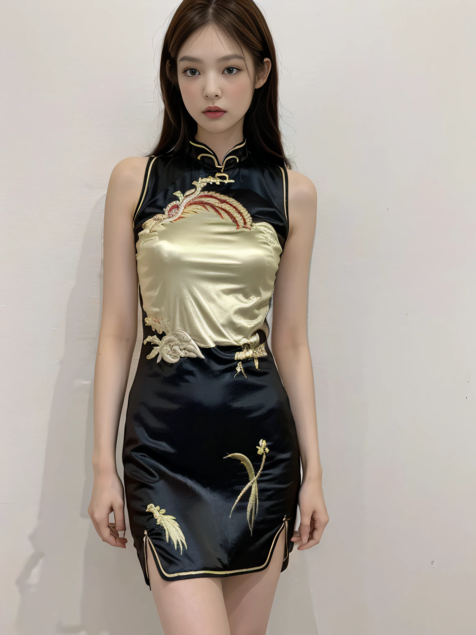 ((Night view, realistic light, best quality, 8k, masterpiece: 1.3)), 1girl, beautiful woman with slender figure, brown hair, wearing black cheongsam, embroidered phoenix pattern, sleeveless, sexy, split end, long legs, standing, white wall, super detailed face, detailed eyes, double eyelids