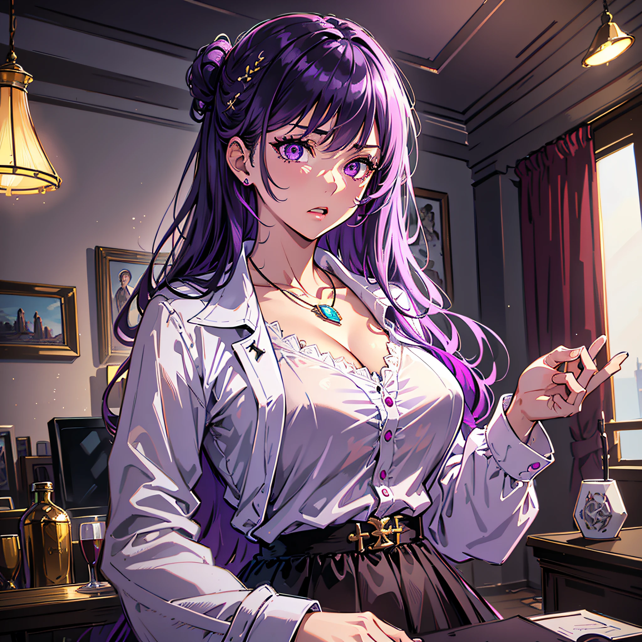 High resolution, highest quality, illustration, super detailed, (detailed face), (detailed eyes), cinematic lighting, best quality, super detailed, masterpiece, fine lines, 1girl, solo, purple hair, purple eyes, pink coat, white shirt, black hairpin, jewelry, necklace, glowing eyes, medium breasts, light, (colored), upper body, anger, interior, living room
