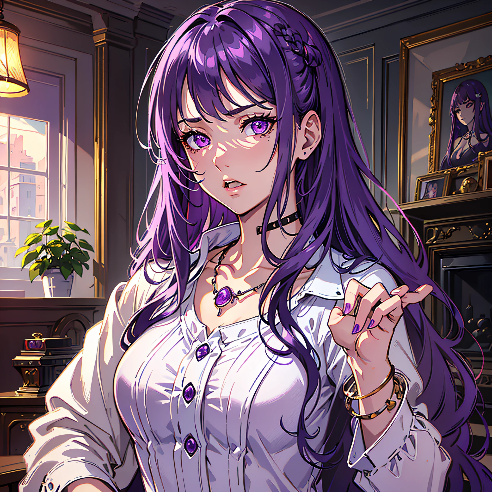 High resolution, highest quality, illustration, super detailed, (detailed face), (detailed eyes), cinematic lighting, best quality, super detailed, masterpiece, fine lines, 1girl, solo, purple hair, purple eyes, pink coat, white shirt, black hairpin, jewelry, necklace, glowing eyes, medium breasts, light, (colored), upper body, anger, interior, living room