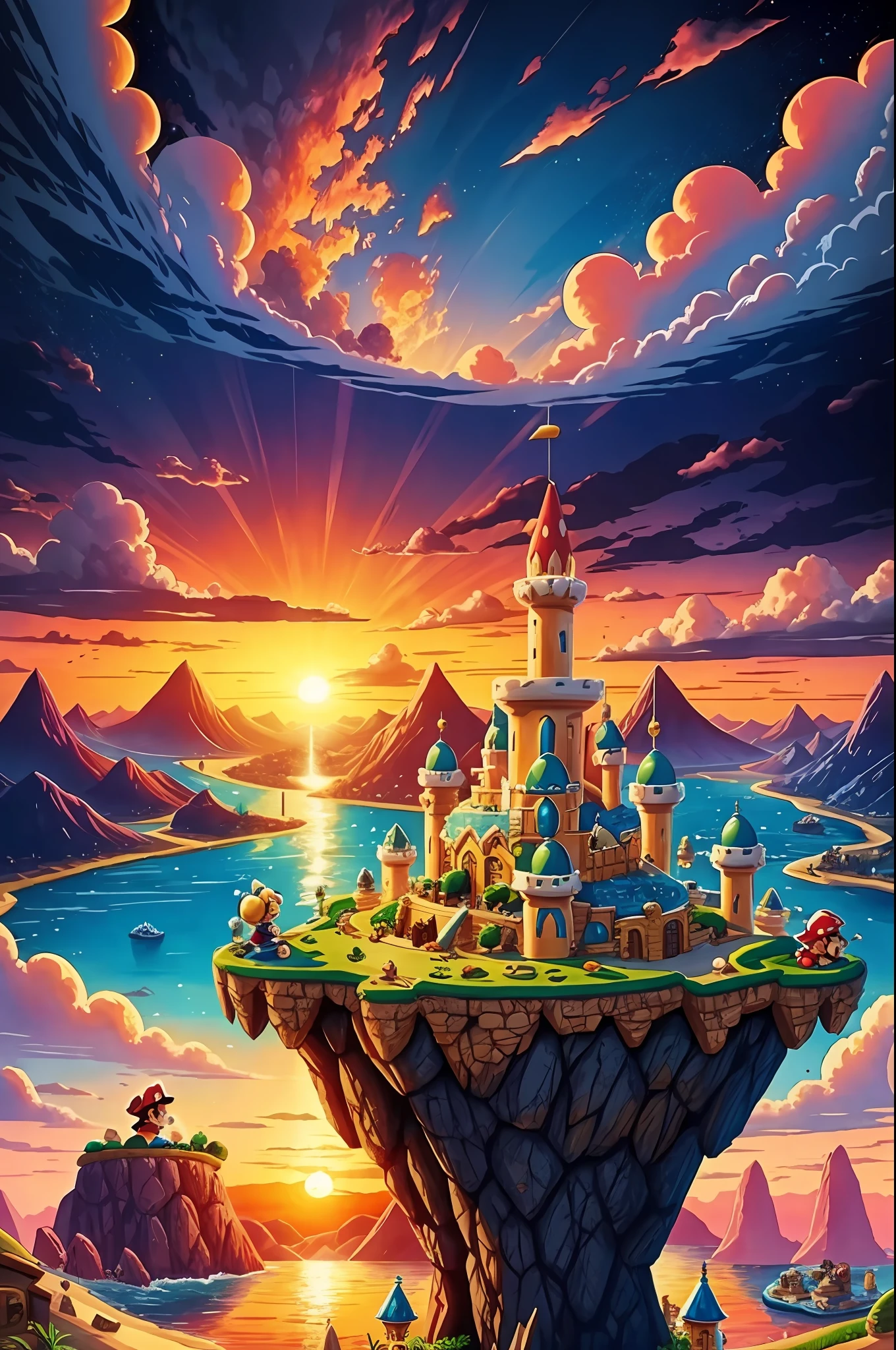 Create an open setting with sunsets in the world of Mario world mixed with lord of the rings.
