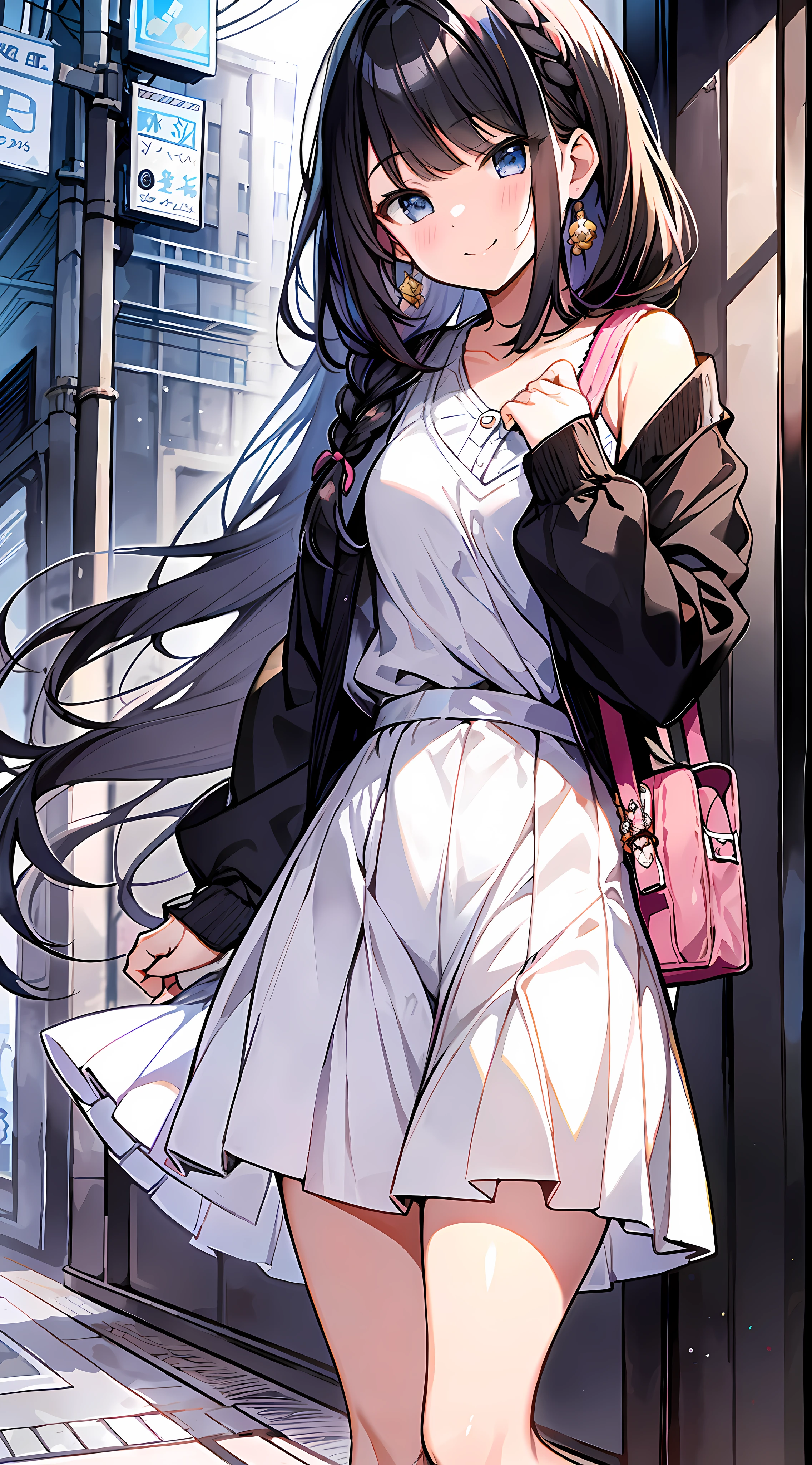 (incredibly absurdres absolutely resolution: 1.5), highest quality, masterpiece, ultra high resolution, 8k, (light-colored cardigan, sneakers, skirt) BREAK shoujo manga style, (loli), soft line art, digital enhancement, shojo manga touch, shojo manga core, (hair length to shoulder)))), ( Short braid))) BREAK Soft drawing, beautiful black hair, clear eyes, (((smile, wink)), ultra-detailed digital anime art, clear face depiction, ultra-detailed shojo manga character art, clear facial features, manga style, top quality colors, angle that you can see to your feet, entangle, beautiful and aesthetic: 1.5, High quality:1.3