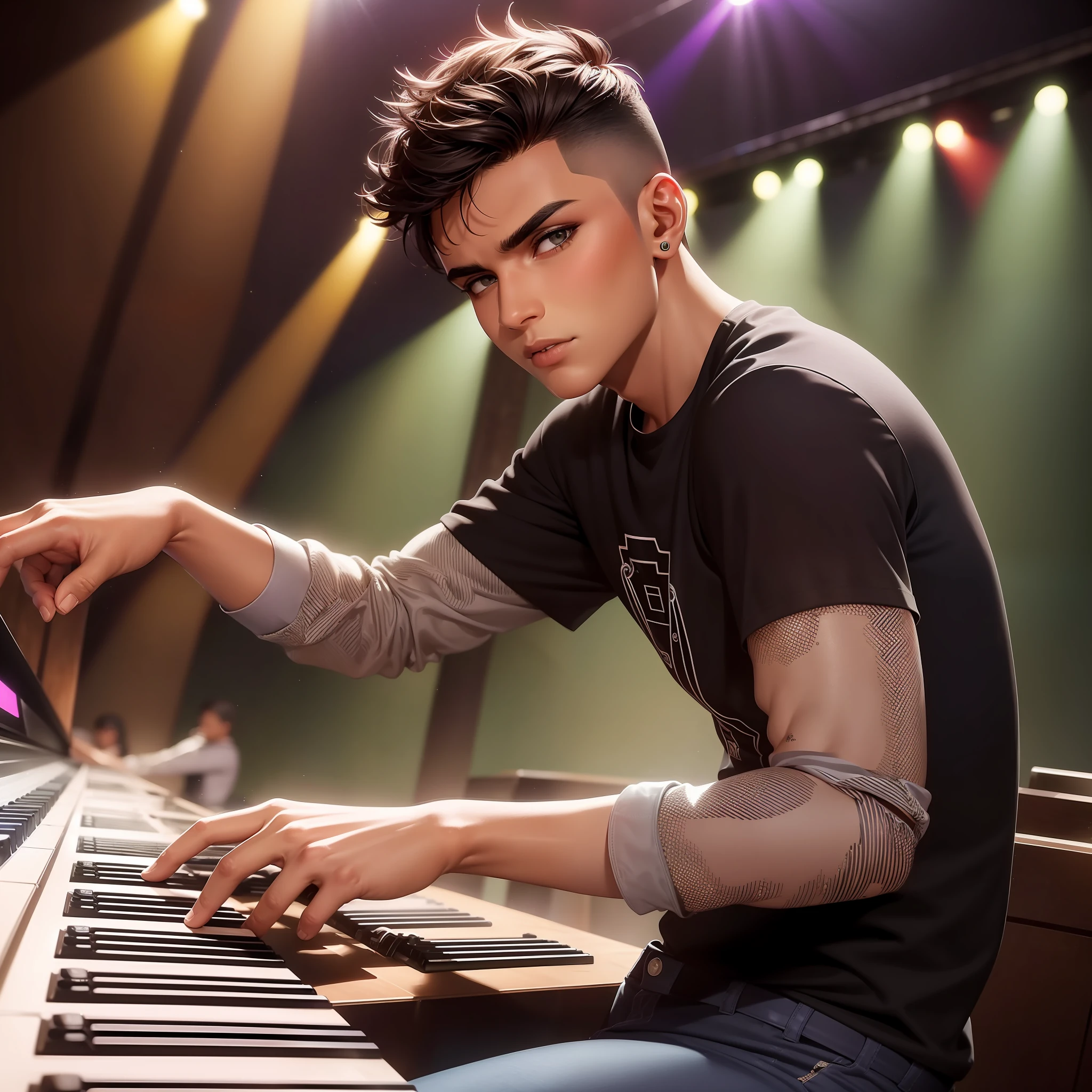 (dramatic illumination, dynamic angle, intense color contrast), (young indian man with short black faux-hawk, dimples, brown skin and brown eyes: 1.2), (playing electronic keyboard: 1.2), (wearing black jeans, blue T-shirt green striped long sleeves and atom graphic:1.1), (pub/old-fashioned bar/country bar:1.1), (on stage, bright colourful spotlights, beams of light), (bright spotlight, lively music)
