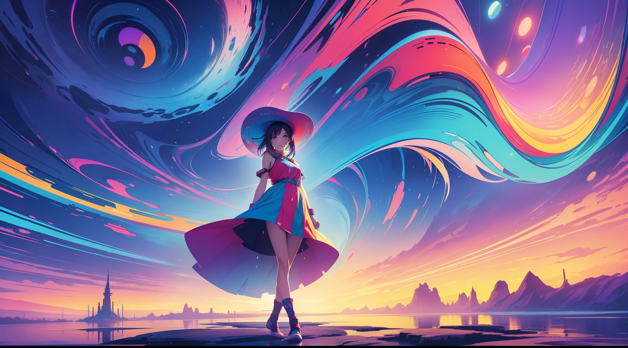 ((abstract and surreal place with vibrant colors that gives the feeling of joy, motivation, satisfaction and knowledge)), clear place, full body shot, 1girl with short ancestral clothes