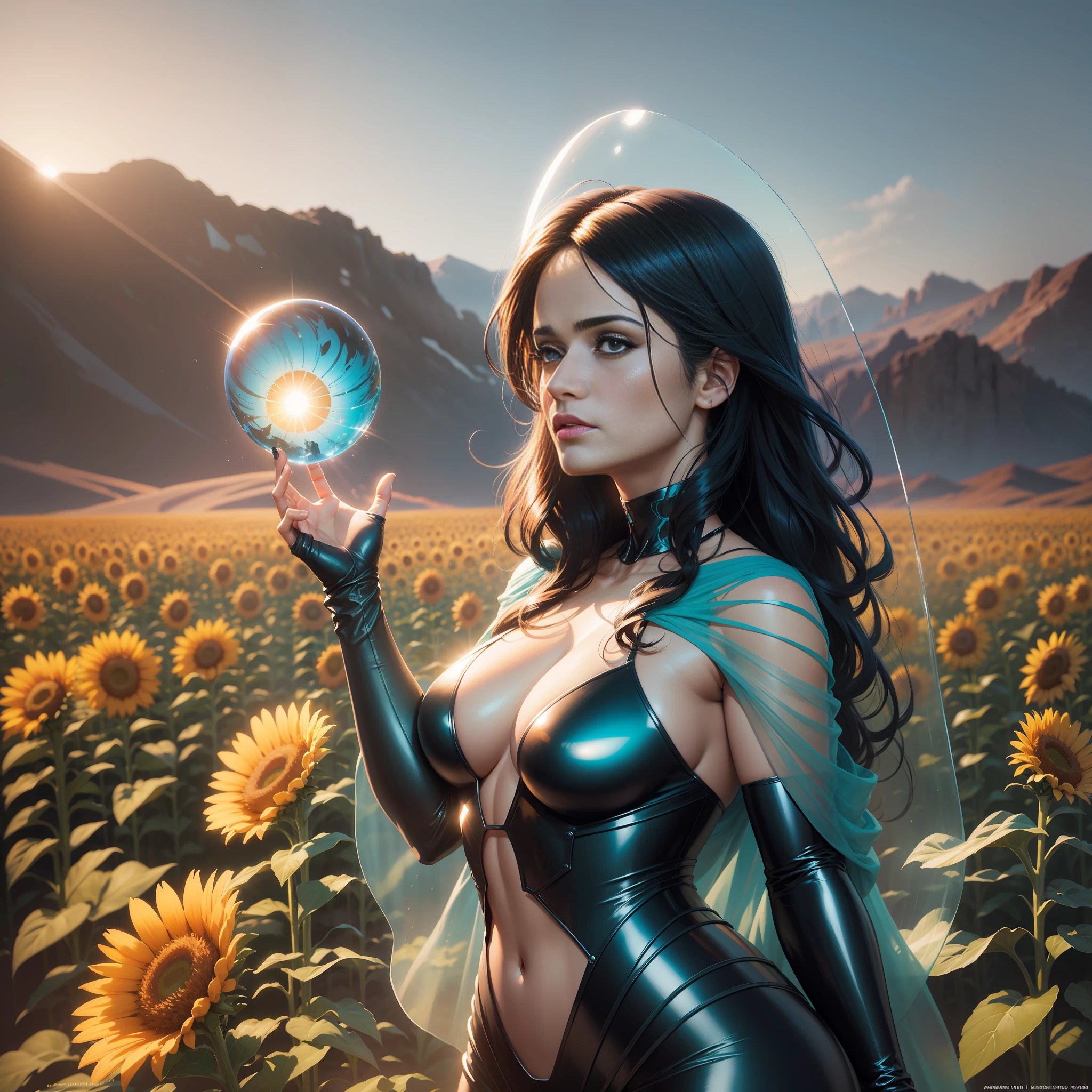 realistic glass sculpture of Salma Hayek, a beautiful woman made of glass, translucent, transparent, detailed sunflower field background, teal gradient sky, auburn gradient sunset, reflections, dramatic lighting, illustration by Greg rutkowski, yoji shinkawa, 4k, digital art, concept art, trending on artstation, highest possible quality, epic, insanely awesome
