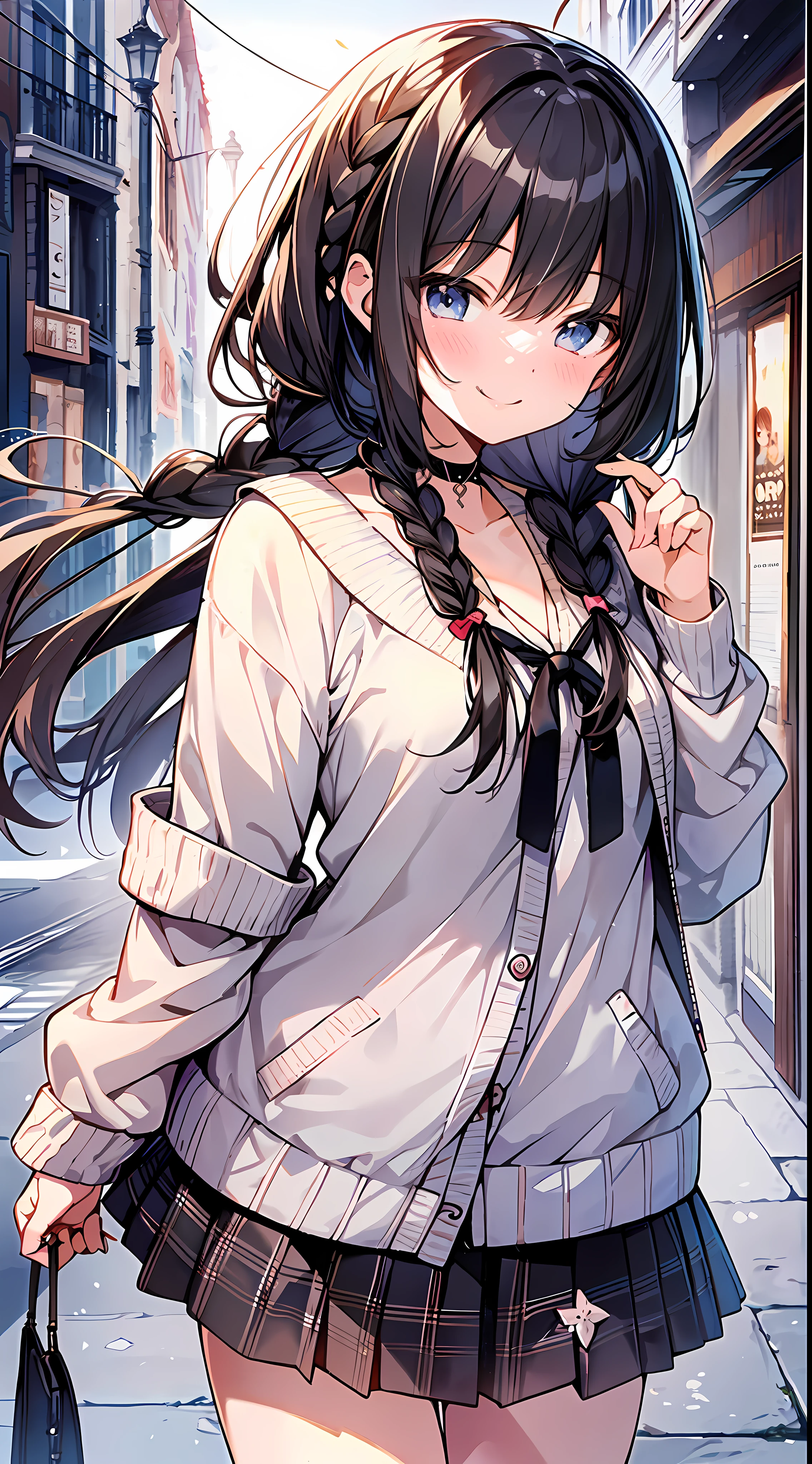 (incredibly absurdres absolutely resolution: 1.5), highest quality, masterpiece, ultra high resolution, 8k, (light-colored cardigan, sneakers, skirt) BREAK shoujo manga style, (li), soft line art, digital enhancement, shojo manga touch, shojo manga core, (hair length to shoulder)))), ( Short braid))) BREAK Soft drawing, beautiful black hair, clear eyes, (((smile, wink)), ultra-detailed digital anime art, clear face depiction, ultra-detailed shojo manga character art, clear facial features, manga style, top quality colors, angle that you can see to your feet, entangle, beautiful and aesthetic: 1.5, High quality:1.3