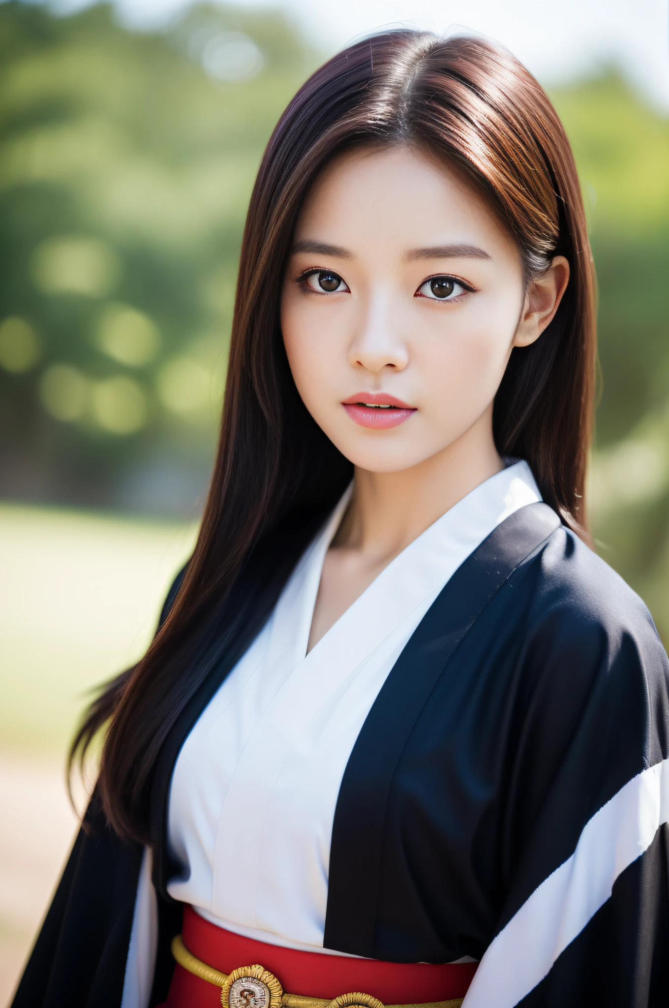 ((Best Quality, 8K, Masterpiece: 1.3)), Sharp Focus: 1.2, (Super Beautiful Face: 1.0), (Glossy Skin: 1.0), Realistic Photos, Black Hair, Realistic Pupils, Movie Lighting, Highly Detailed Eyes and Faces, Movie Lighting, (Cowboy Shot: 1.0), (Kimono, Hakama, Obi: 1.3), (Korean Cute Actress)