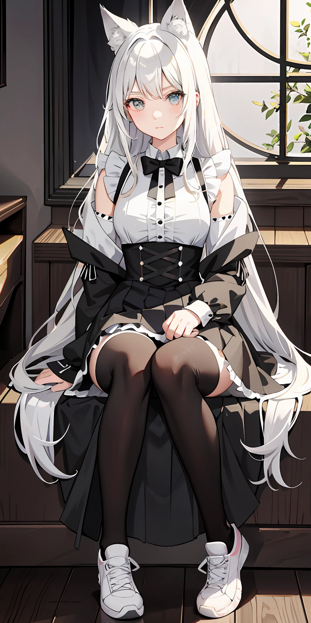 Anime girl sitting in chair, gothic shoujo anime girl, anime girl in maid outfit, black and white manga style, skirt girl, anime girl squat, white long hair, wolf girl, anime horn ears, from ark night, messy hair，white sneakers