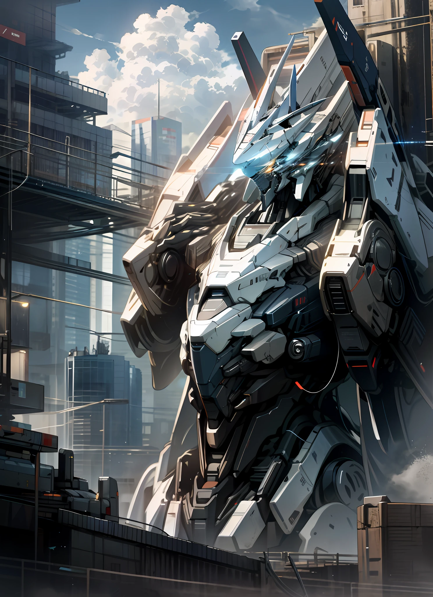 sky, cloud, holding_weapon, no_humans, glowing, , robot, building, glowing_eyes, mecha, science_fiction, city, realistic,mecha