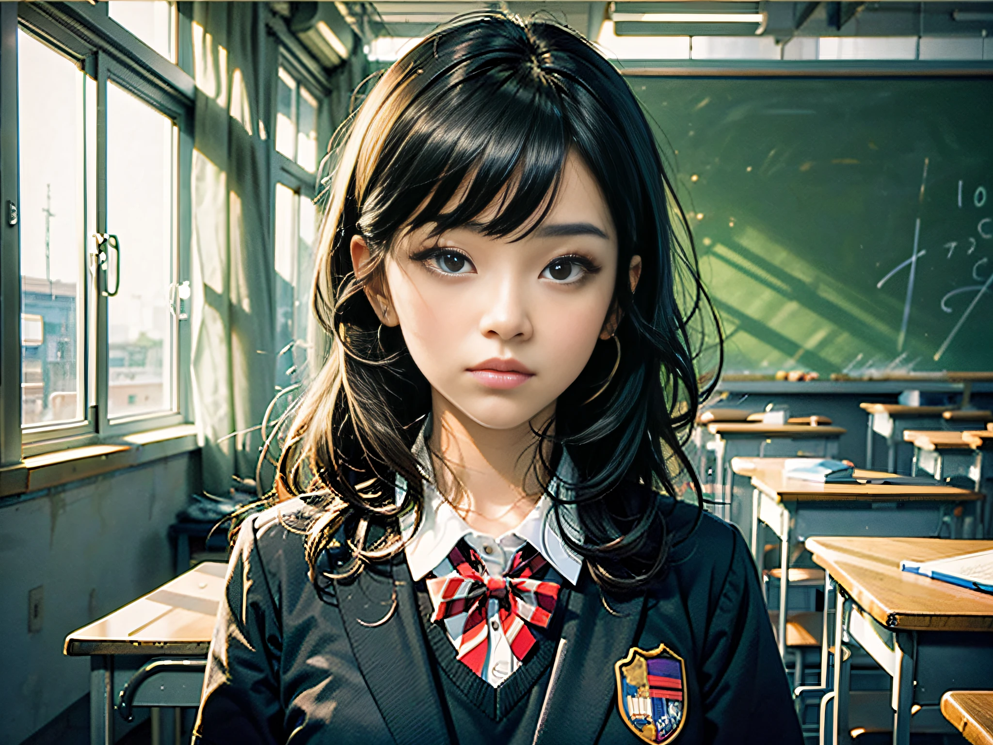 ((Masterpiece, Best Quality)) 1 woman, main view, black eyes, school uniform, classroom, unhappy