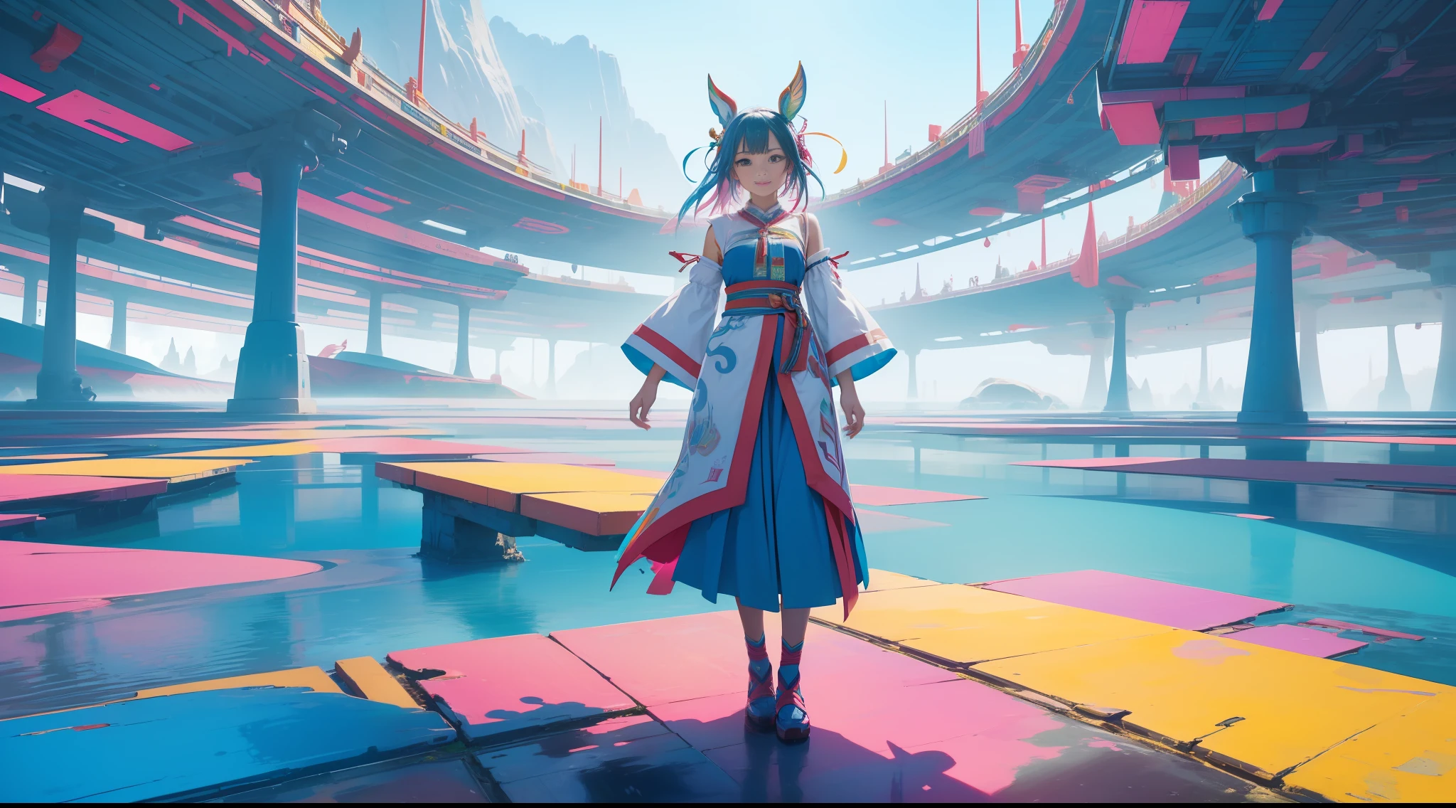 ((abstract and surreal place with vibrant colors that gives the feeling of joy, motivation, satisfaction and knowledge)), clear place, full body shot, 1girl with short ancestral clothes