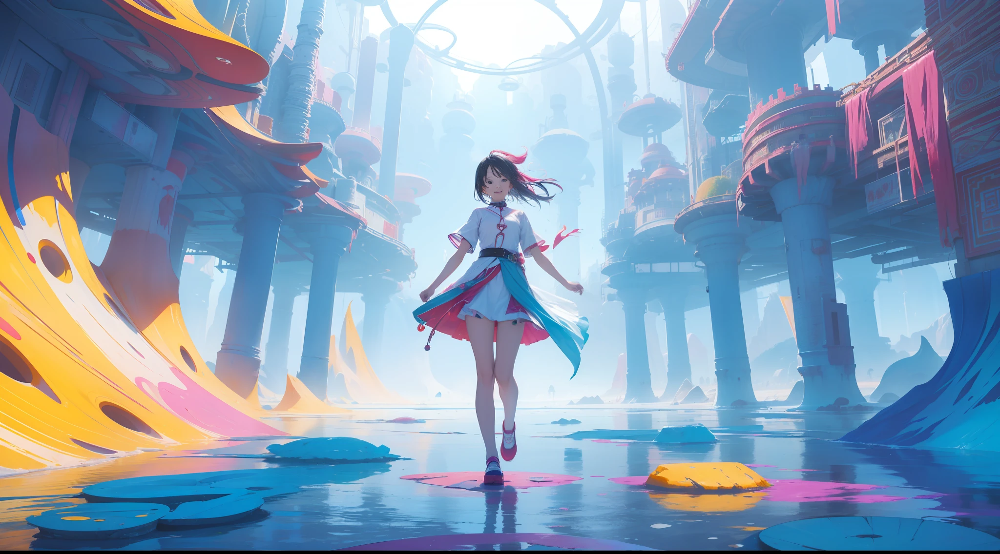 ((abstract and surreal place with vibrant colors that gives the feeling of joy, motivation, satisfaction and knowledge)), clear place, full body shot, 1girl with short ancestral clothes