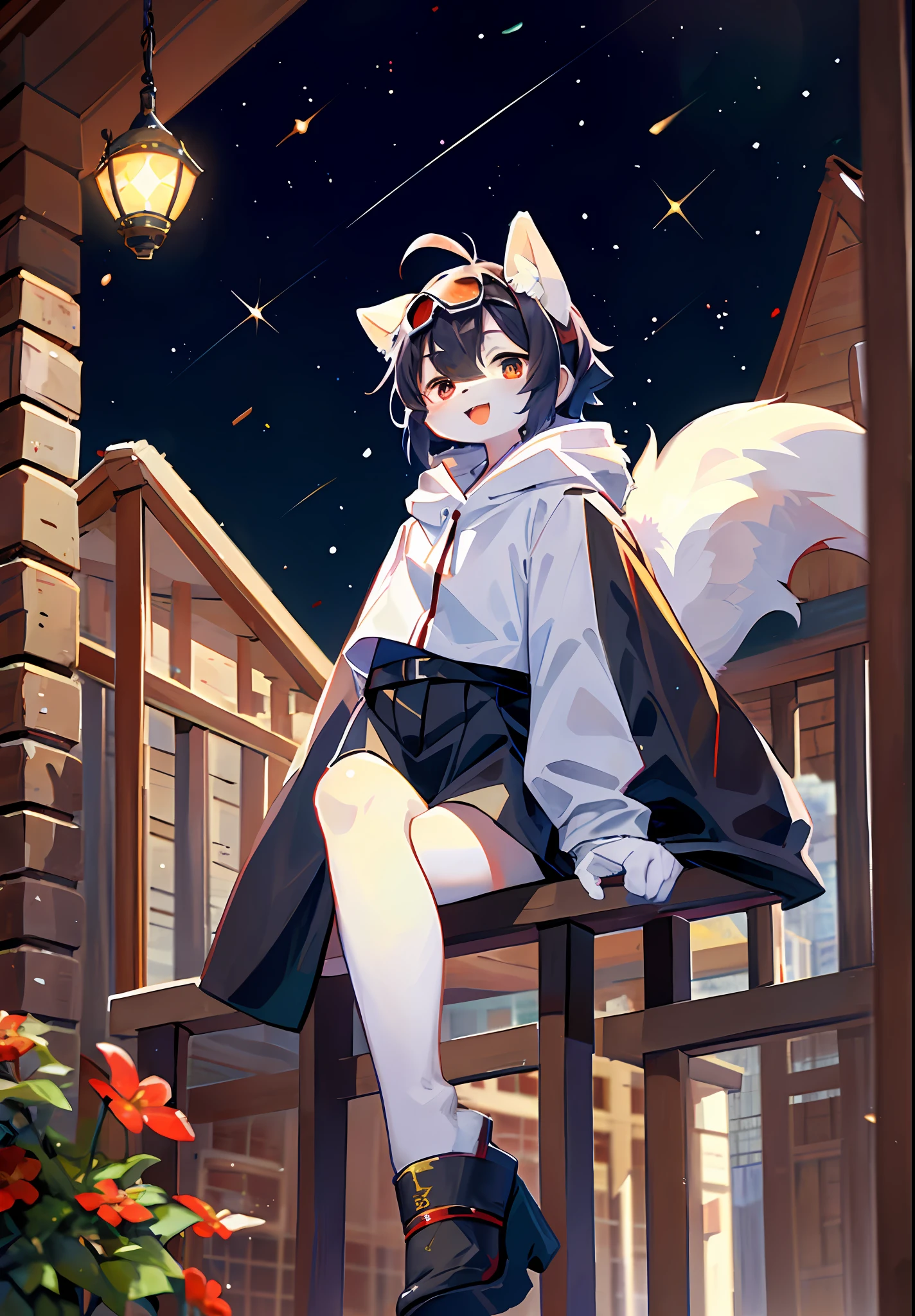 (masterpiece:1.3), (2D:1.0), (anime:1.0), (illustration:1.0), (sharp:1.2), (hard light:1.0), (shadow:1.0),(reflection, refraction:0.8), (light, dappled light, glare, lens flare, Tyndall effect: 1.0), (sharp, shiny: 1.0), (Best Quality: 1.2), (Ultra Fine: 1.0), (Extremely Complex: 1.0), (Blurred foreground, Cinematic Light, Ray Tracing: 1.1), (bright_colors, dark_intense_shadows: 1.1), (Impasto, Colorful: 1.2), (warm_light_from_below, glow_white_ particles:1.1),(Ensemble_Stars! _\(style\):0.95). wolf_boy,anthro,uploaded_on_e621,solo,upper_body,cowbow_shot,male_focus,furry_kemono,furry_male,cub,young_male,bishounen,11_years_old,kawaii,cute,fancy,fragile,cool, handsome. detailed_fluffy_fur,tuft,(white_fur,body_fur,oil_skin,skin_with_fluffy_fur:1.3),animal_nose,animal_ear_fluff,fluffy_paws,pawpads,animal_hand,fluffy_big_tail。 Black clothes printed with a maple leaf pattern. (White hooded cape, red and black hoodie: 1.5), short male hair, white hair, purple eyes, closed eyes, bangs, red dull hair, designed according to the character of Genshin Manyo, open mouth, smile, light blush, goggles, raised hand, holding a red katana, red metal leg ring on the thigh of the right leg is short, bottomless, (knife drawn: 1.2), looking at the left front. (night, starry_sky, crescent_moon, star_\(sky\), gem, plant, star_\(symbol), sparkle), outdoor, landscape