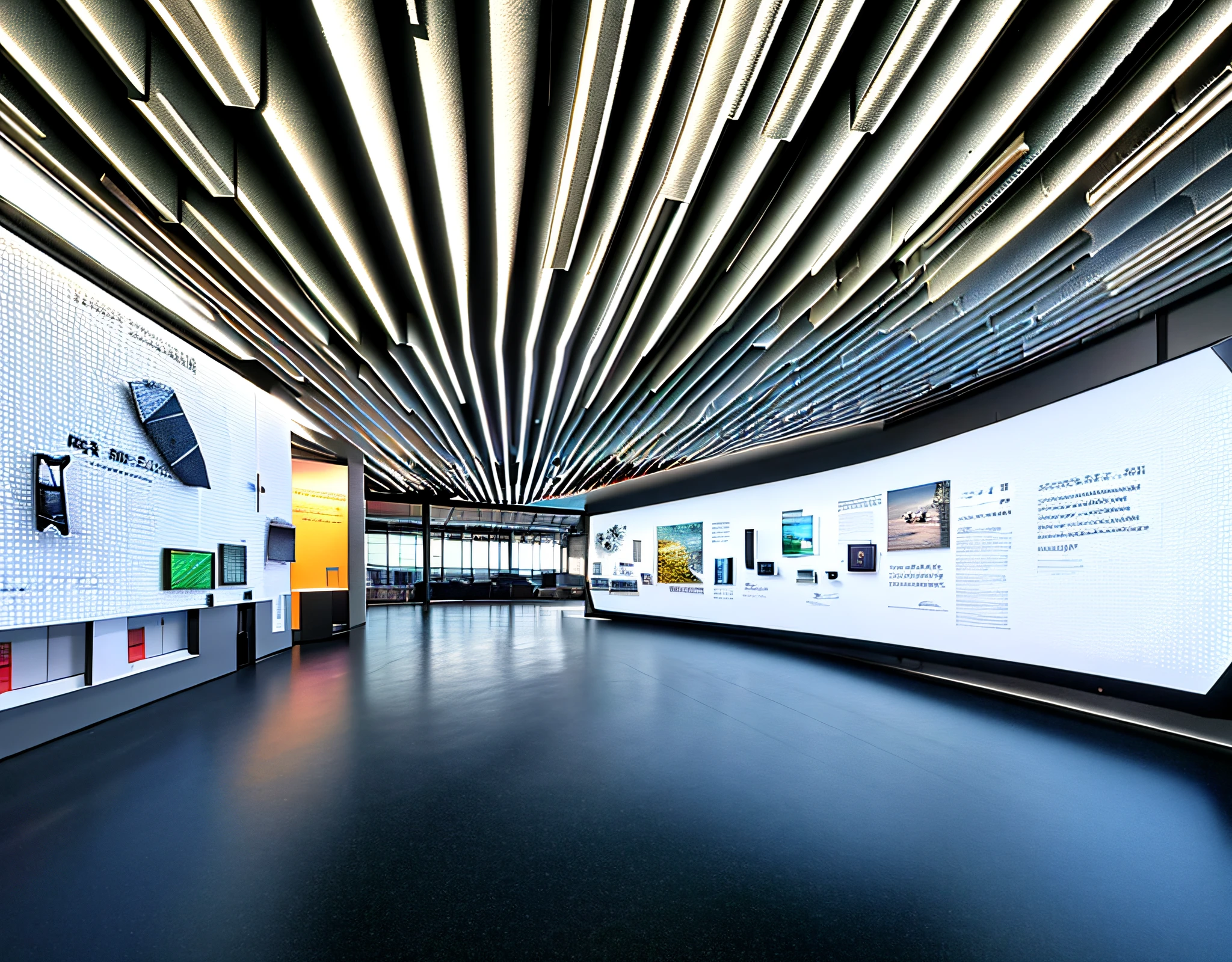 Museum, exhibition hall, one-point perspective space, huge space, dreamy, halo, technological space (mechanical ceiling: 1.4), pure space, minimalist design, pure ceiling, (clean ceiling:1.2), wooden floor, construction wall,  (many showcases on the ground), showcases In the glow, a lot of (screen displays:1.2) on the wall  illustrating engineering drawings, high quality, highest quality, 4k, 8k, professional lighting