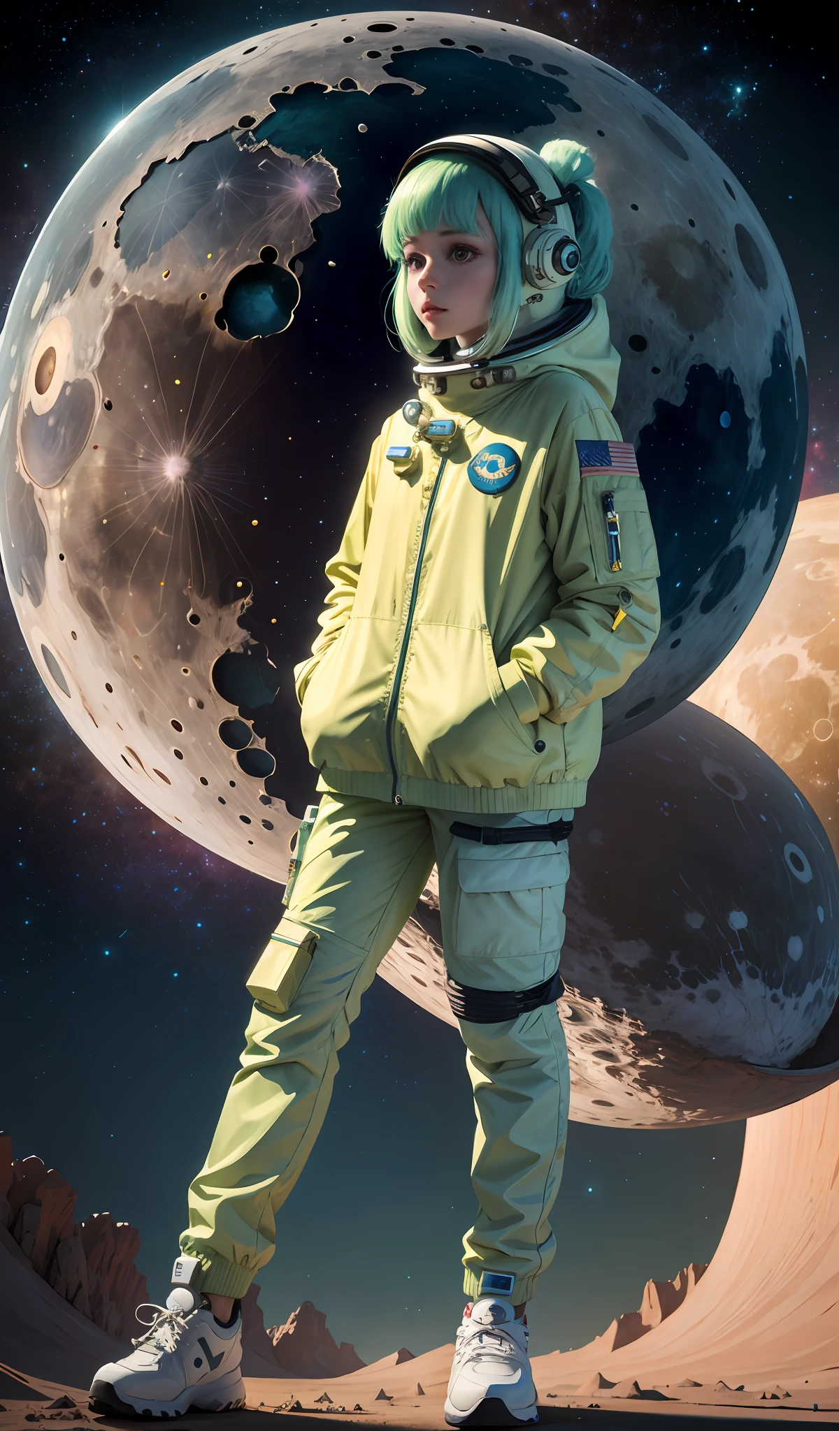 4k, realistic, very detail, there is a girl in the moon, she is an astronout, galaxy theme, soft clothes, long hair, wearing astronout pants, 25 years old, full body, wearing astronout shoes, light green hair color, pale skin,