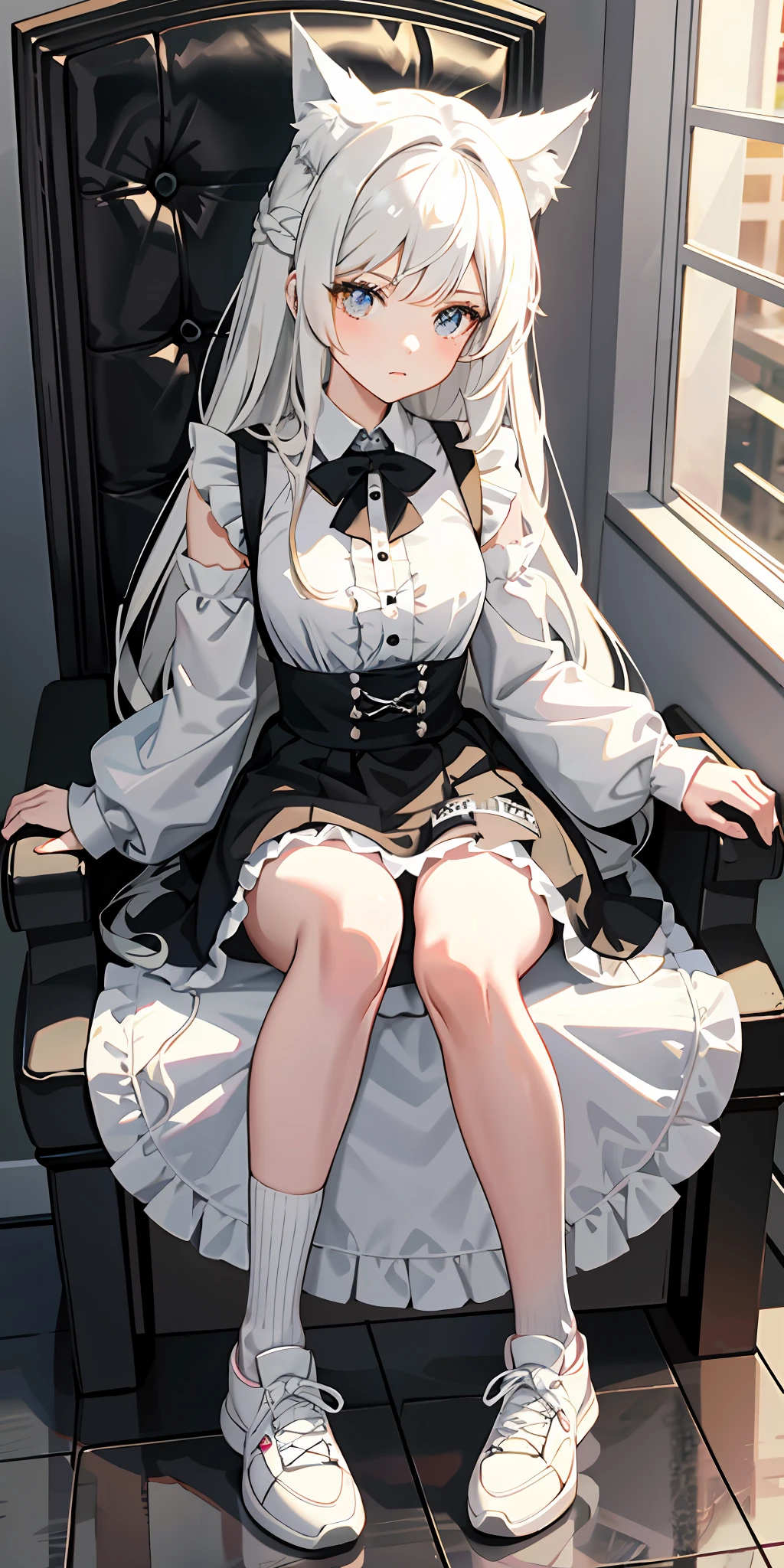 Anime girl sitting in chair, gothic shoujo anime girl, anime girl in maid outfit, black and white manga style, skirt girl, anime girl squat, white long hair, wolf girl, anime horn ears, from ark night, messy hair，white sneakers