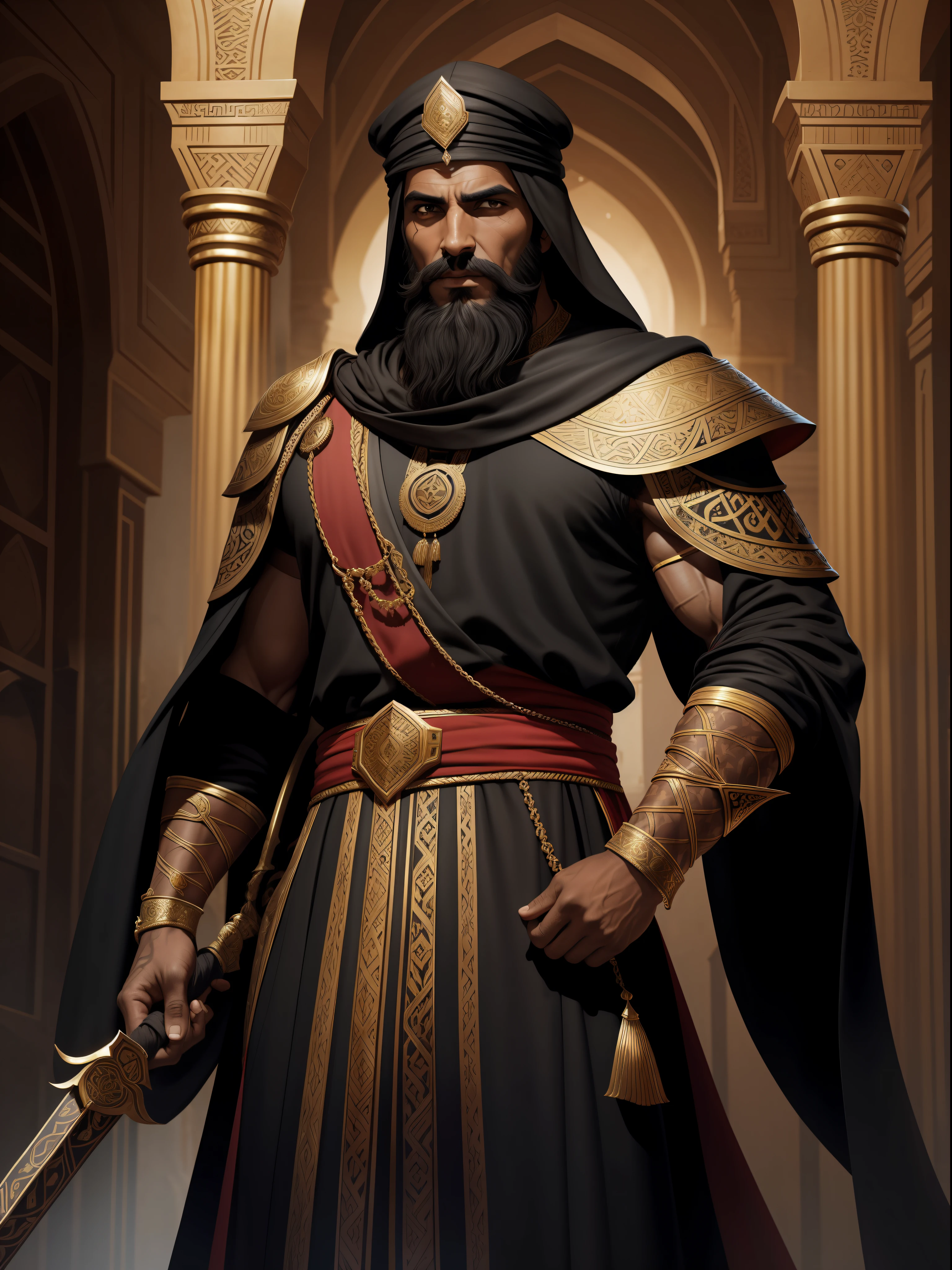 prince of Persia, dark skin, sharp features, faint smile, wrinkled, worn, with a long black beard, wearing a black and red and gold robe, wearing a yellow cap, portrait, fantasy illustration, character concept design, detailed clothes, by Paolo Serpieri, artstation, sharp focus, dramatic, expansive], Alhambra, arch, small room, intricate, elegant, highly detailed, Arabic nights