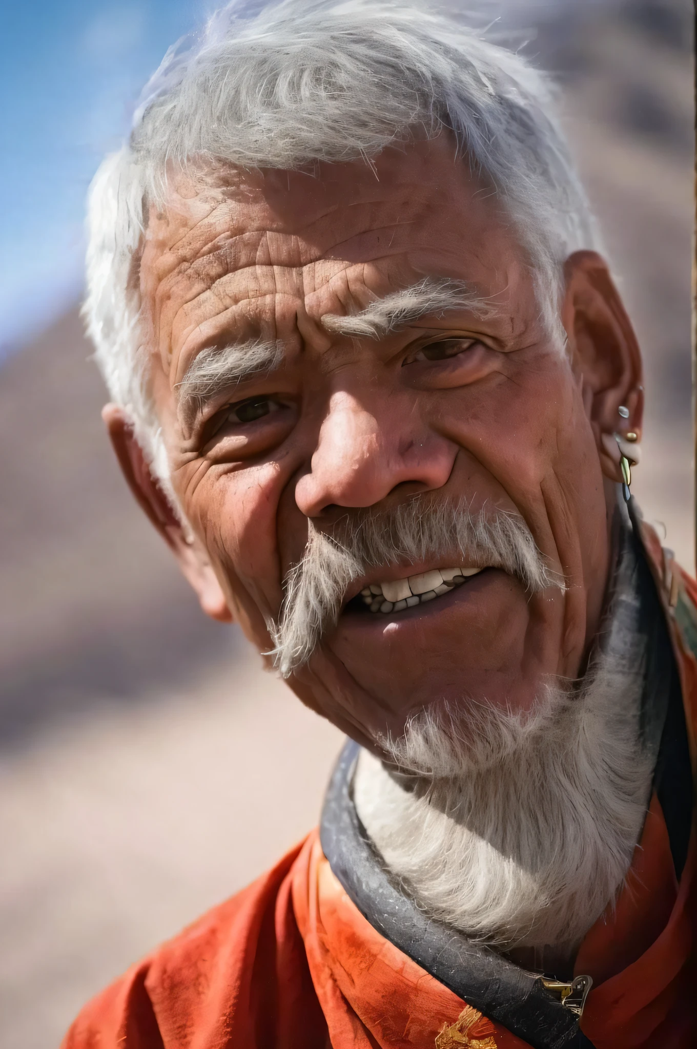 An 8K, hyper-realistic RAW photo featuring an elder with a world-weary expression and cigarette in hand, meticulously detailed to capture every nuance of life.