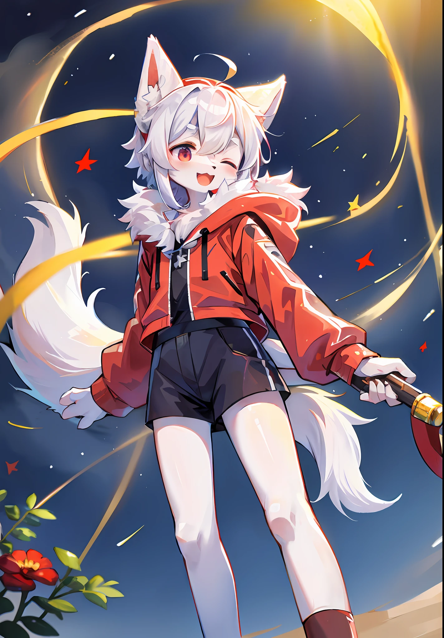 (masterpiece:1.3), (2D:1.0), (anime:1.0), (illustration:1.0), (sharp:1.2), (hard light:1.0), (shadow:1.0),(reflection, refraction:0.8), (light, dappled light, glare, lens flare, Tyndall effect: 1.0), (sharp, shiny: 1.0), (Best Quality: 1.2), (Ultra Fine: 1.0), (Extremely Complex: 1.0), (Blurred foreground, Cinematic Light, Ray Tracing: 1.1), (bright_colors, dark_intense_shadows: 1.1), (Impasto, Colorful: 1.2), (warm_light_from_below, glow_white_ particles:1.1),(Ensemble_Stars! _\(style\):0.95). wolf_boy,anthro,uploaded_on_e621,solo,upper_body,cowbow_shot,male_focus,furry_kemono,furry_male,cub,young_male,bishounen,11_years_old,kawaii,cute,fancy,fragile,cool, handsome. detailed_fluffy_fur,tuft,(white_fur,body_fur,oil_skin,skin_with_fluffy_fur:1.3),animal_nose,animal_ear_fluff,fluffy_paws,pawpads,animal_hand,fluffy_big_tail。 Black clothes printed with a maple leaf pattern. (White hooded cape, red and black hoodie: 1.5), short male hair, white hair, purple eyes, closed eyes, bangs, red dull hair, designed according to the character of Genshin Manyo, open mouth, smile, light blush, goggles, raised hand, holding a red katana, red metal leg ring on the thigh of the right leg is short, bottomless, (knife drawn: 1.2), looking at the left front. (night, starry_sky, crescent_moon, star_\(sky\), gem, plant, star_\(symbol), sparkle), outdoor, landscape