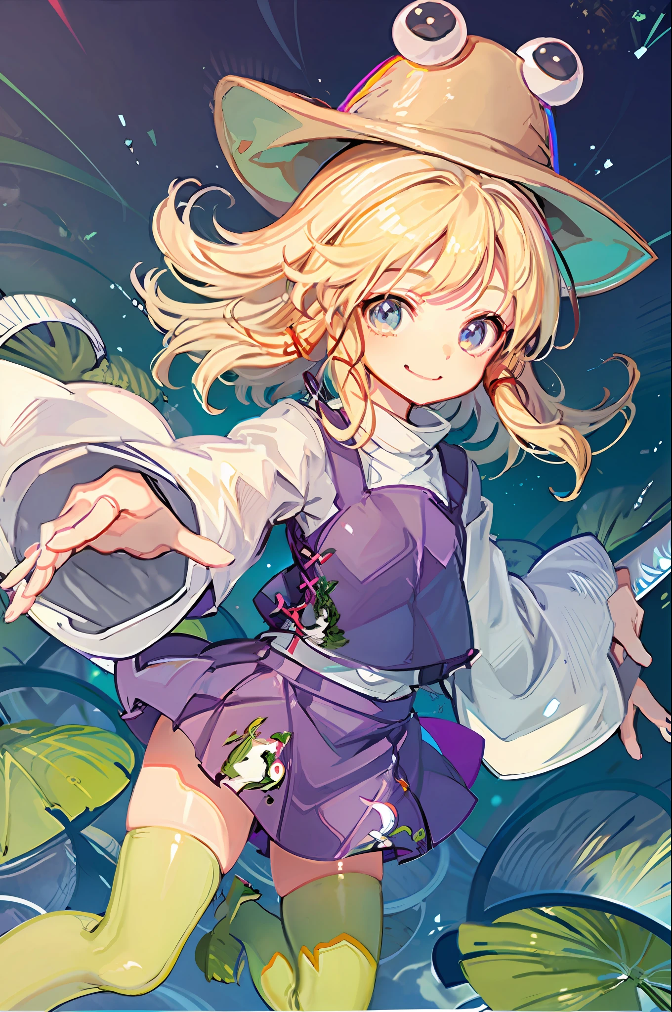 masterpiece, best quality, 1girl, moriya suwako, hat, blonde hair, white shirt, purple skirt, frog print, smile, upskirt angle