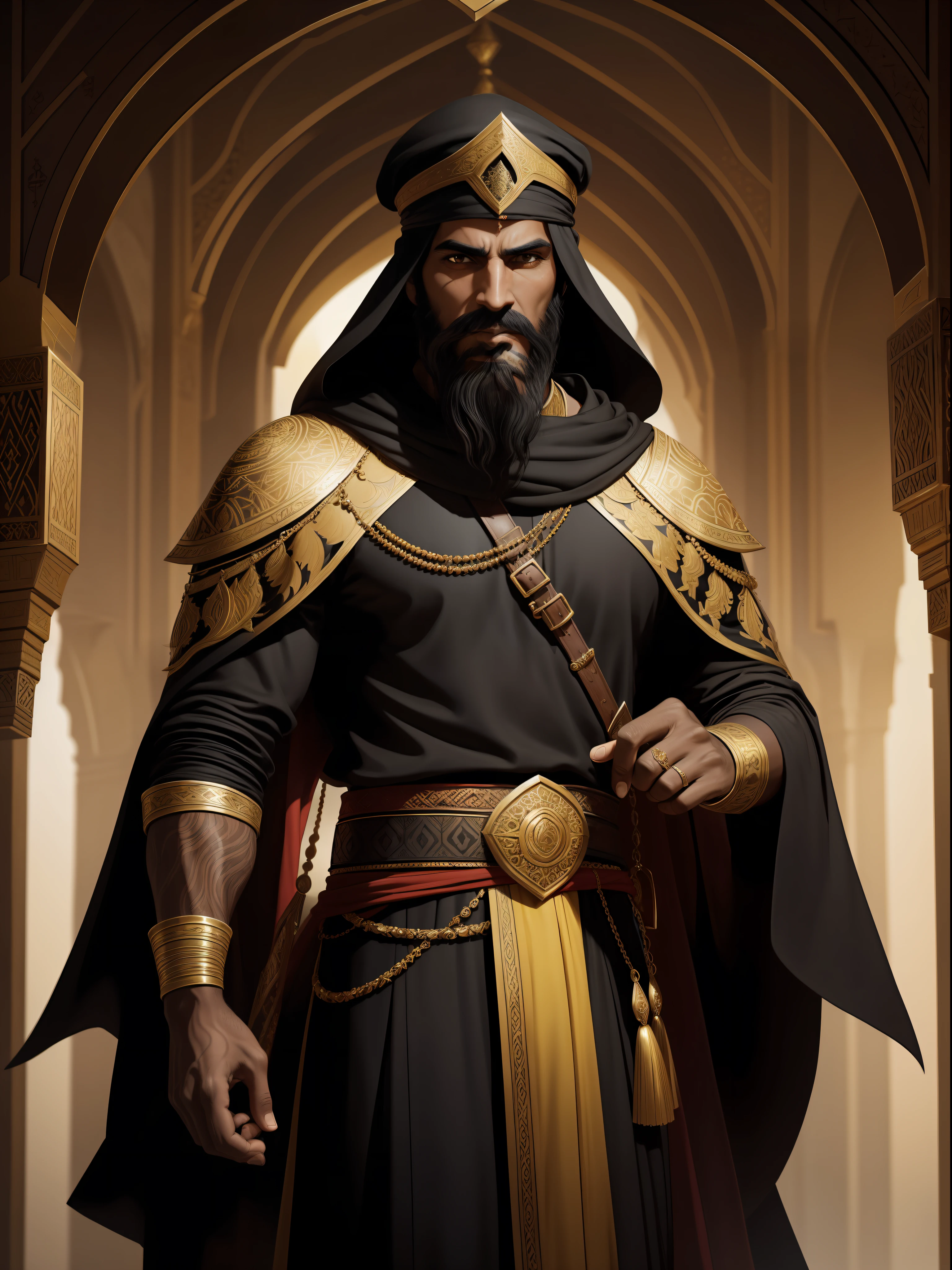 prince of Persia, dark skin, sharp features, faint smile, wrinkled, worn, with a long black beard, wearing a black and red and gold robe, wearing a yellow cap, portrait, fantasy illustration, character concept design, detailed clothes, by Paolo Serpieri, artstation, sharp focus, dramatic, expansive], Alhambra, arch, small room, intricate, elegant, highly detailed, Arabic nights