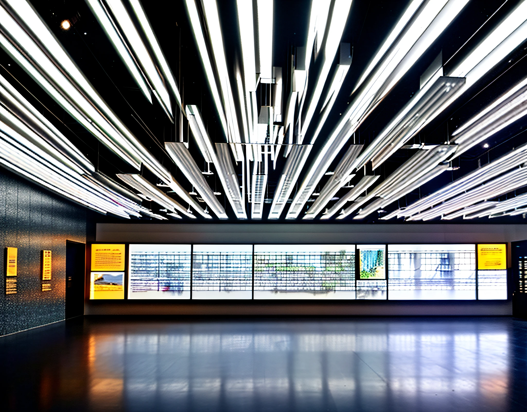 Museum, exhibition hall, one-point perspective space, huge space, dreamy, halo, technological space (mechanical ceiling: 1.4), pure space, minimalist design, pure ceiling, (clean ceiling:1.2), wooden floor, construction wall,  (many showcases on the ground), showcases In the glow, a lot of (screen displays:1.2) on the wall  illustrating engineering drawings, high quality, highest quality, 4k, 8k, professional lighting