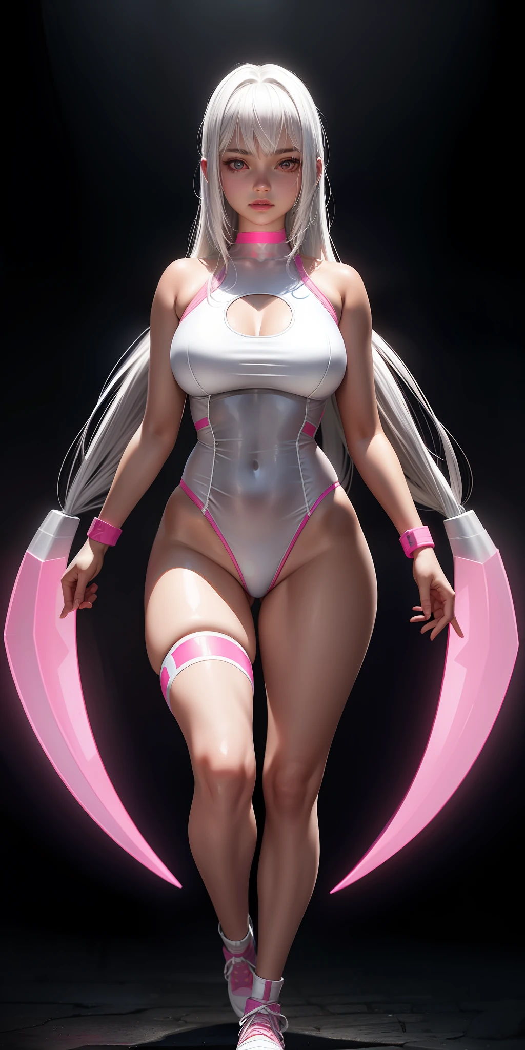 Realistic, 1girl, white hair, glowing eyes, pink transparent swimsuit, full body and big