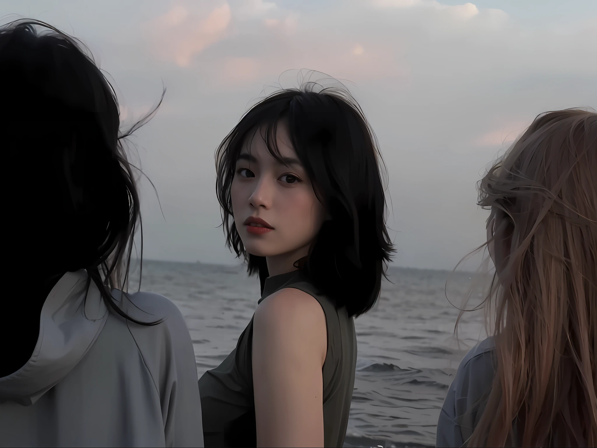Three women standing on the pier looking at the water, short hair, urzan, lofi girl, lofi girl aesthetic, at sea, in the sea, luts, loepfe, high quality photo, on the ocean, ocean in the background, matte from 8 k, artwork in guvez style, loepfe aesthetic