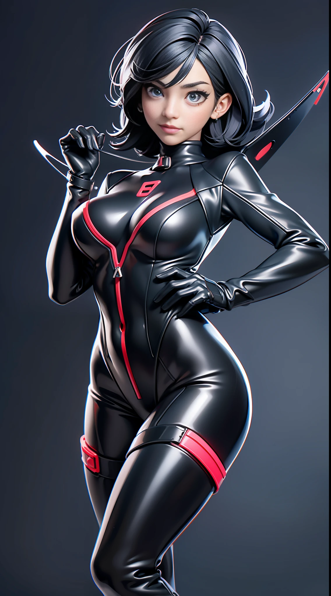 solo, super fine photo, full body picture Unreal Engine 5 8K UHD of beautiful girl in a skin tight futuristic black latex Evangelion plug suit, black bob style hair, slick black catsuit, black iconic character, smooth black skin, black body, PVC, glossy latex suit, rubber suit, rubber belts, collar, black rubber glove, high boots, arm and leg cuffs, straps, best quality, masterpiece, official art, unified 8k wallpaper, super detailed, sharp focus, sexy pose, body parts