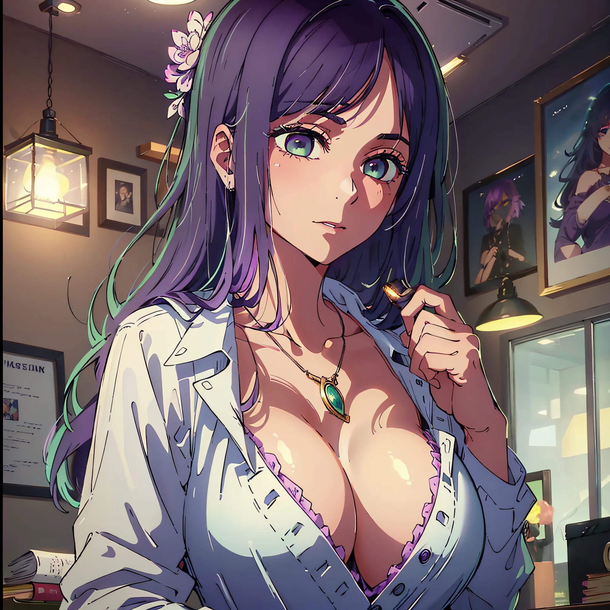 High resolution, highest quality, illustration, super detailed, (detailed face), (detailed eyes), cinematic lighting, best quality, super detailed, masterpiece, fine lines, 1girl, solo, purple hair, purple eyes, white coat, pink shirt, jewelry, necklace, glowing eyes, medium breasts, light, (colored), upper body, scissors in hand, indoor, well-behaved girl